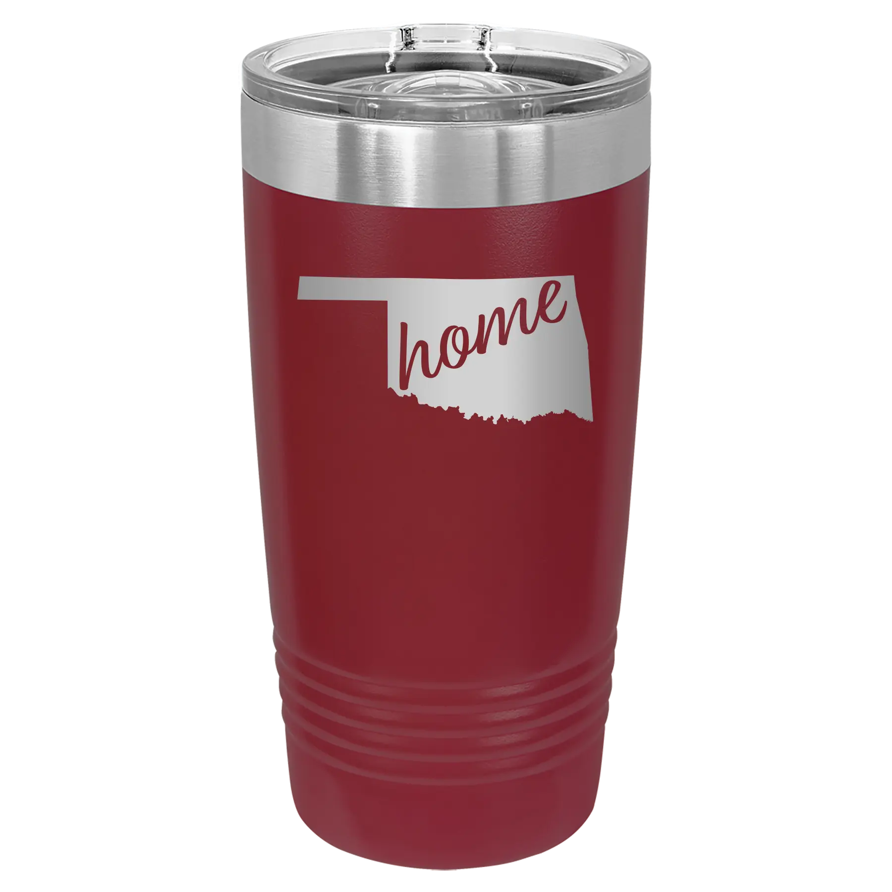 Laser etched maroon 20 oz vacuum insulated tumbler with 'Oklahoma Home' design