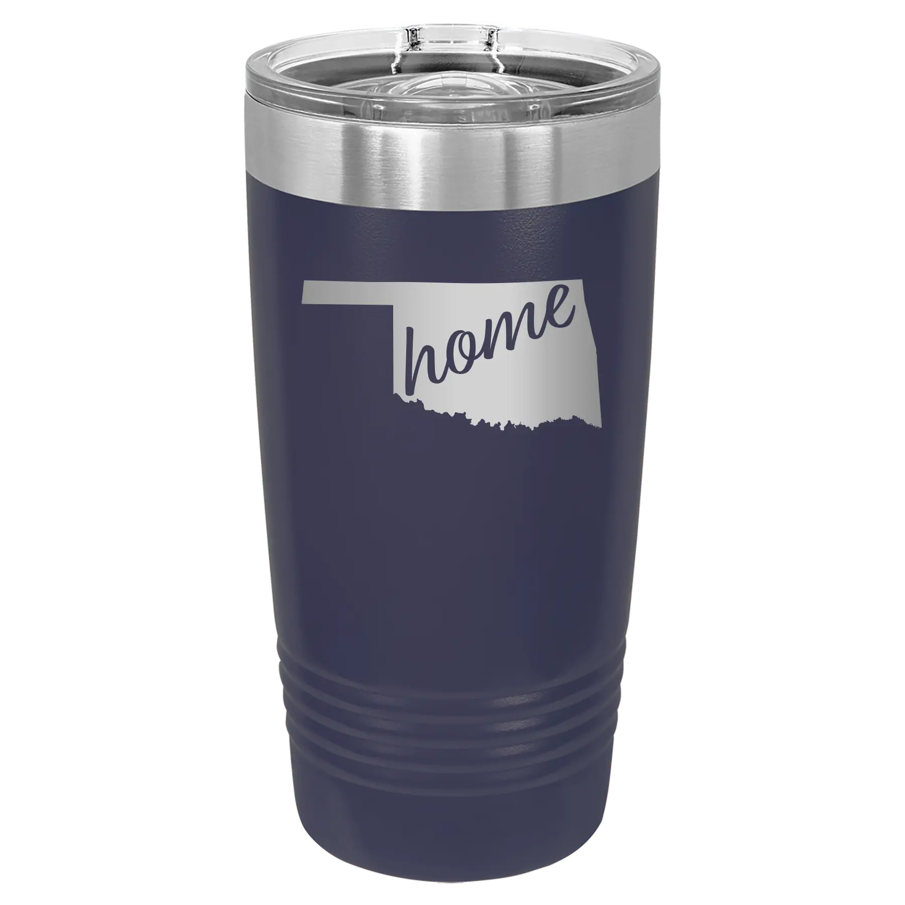 Laser etched navy 20 oz vacuum insulated tumbler with 'Oklahoma Home' design