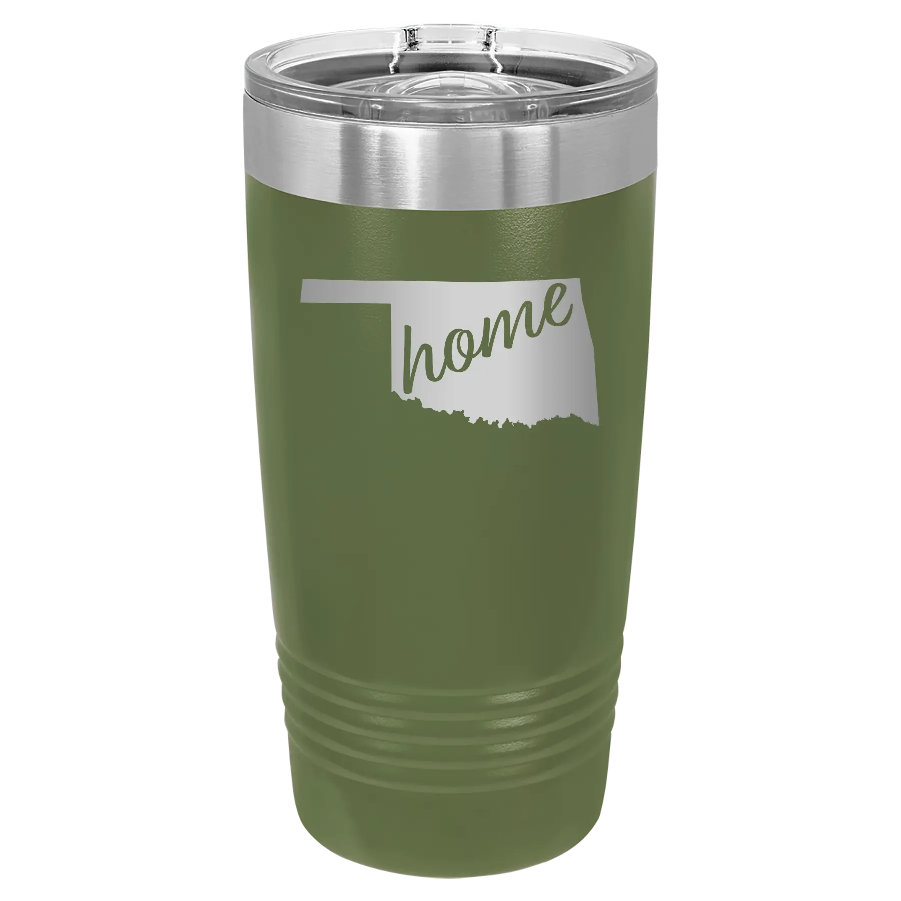 Laser etched olive green 20 oz vacuum insulated tumbler with 'Oklahoma Home' design