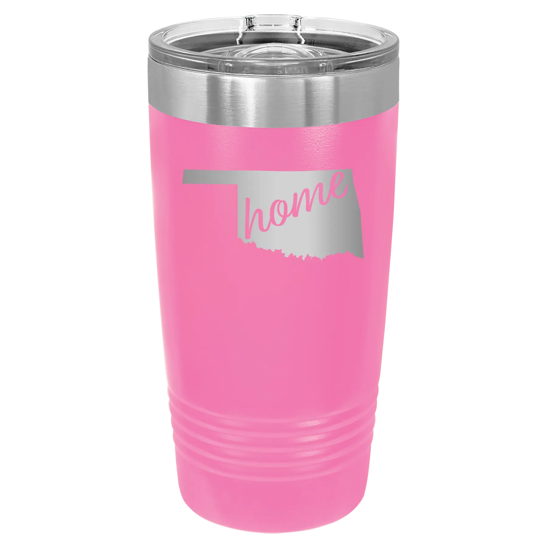 Laser etched pink 20 oz vacuum insulated tumbler with 'Oklahoma Home' design