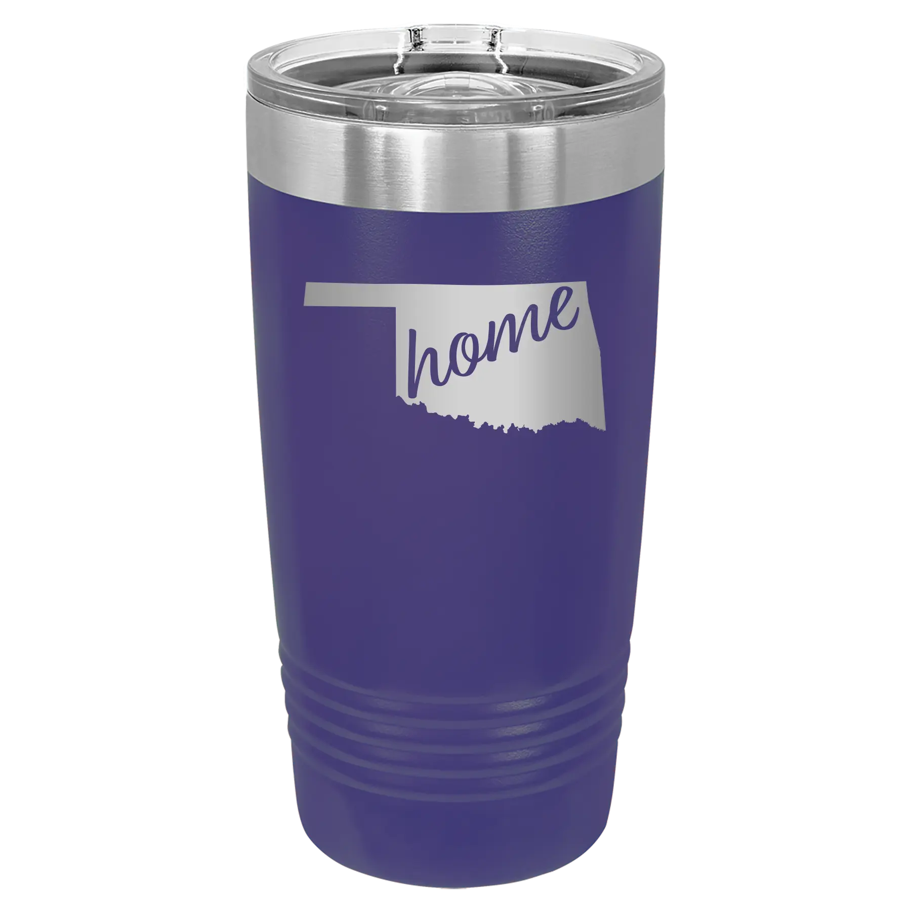 Laser etched purple 20 oz vacuum insulated tumbler with 'Oklahoma Home' design