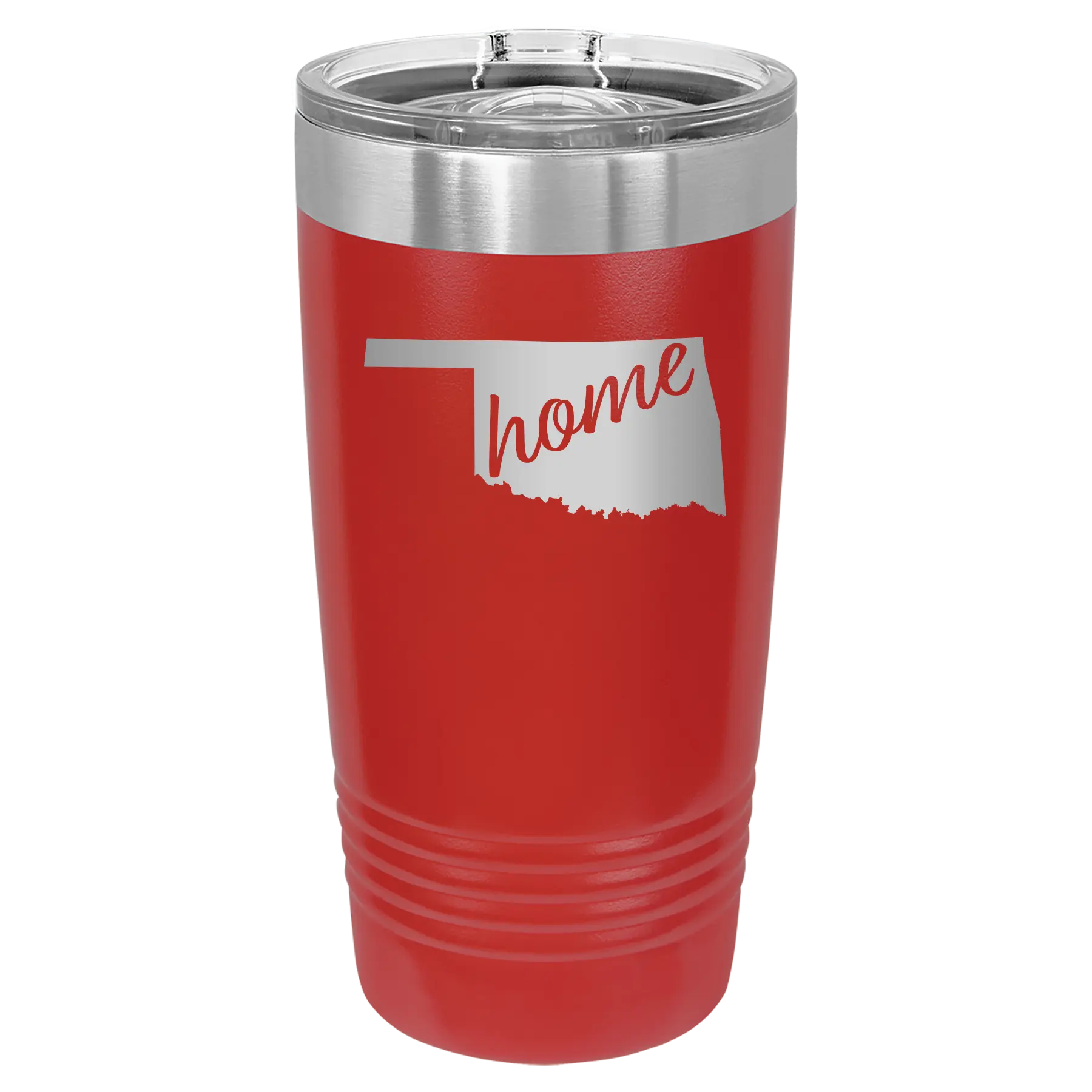 Laser etched red 20 oz vacuum insulated tumbler with 'Oklahoma Home' design
