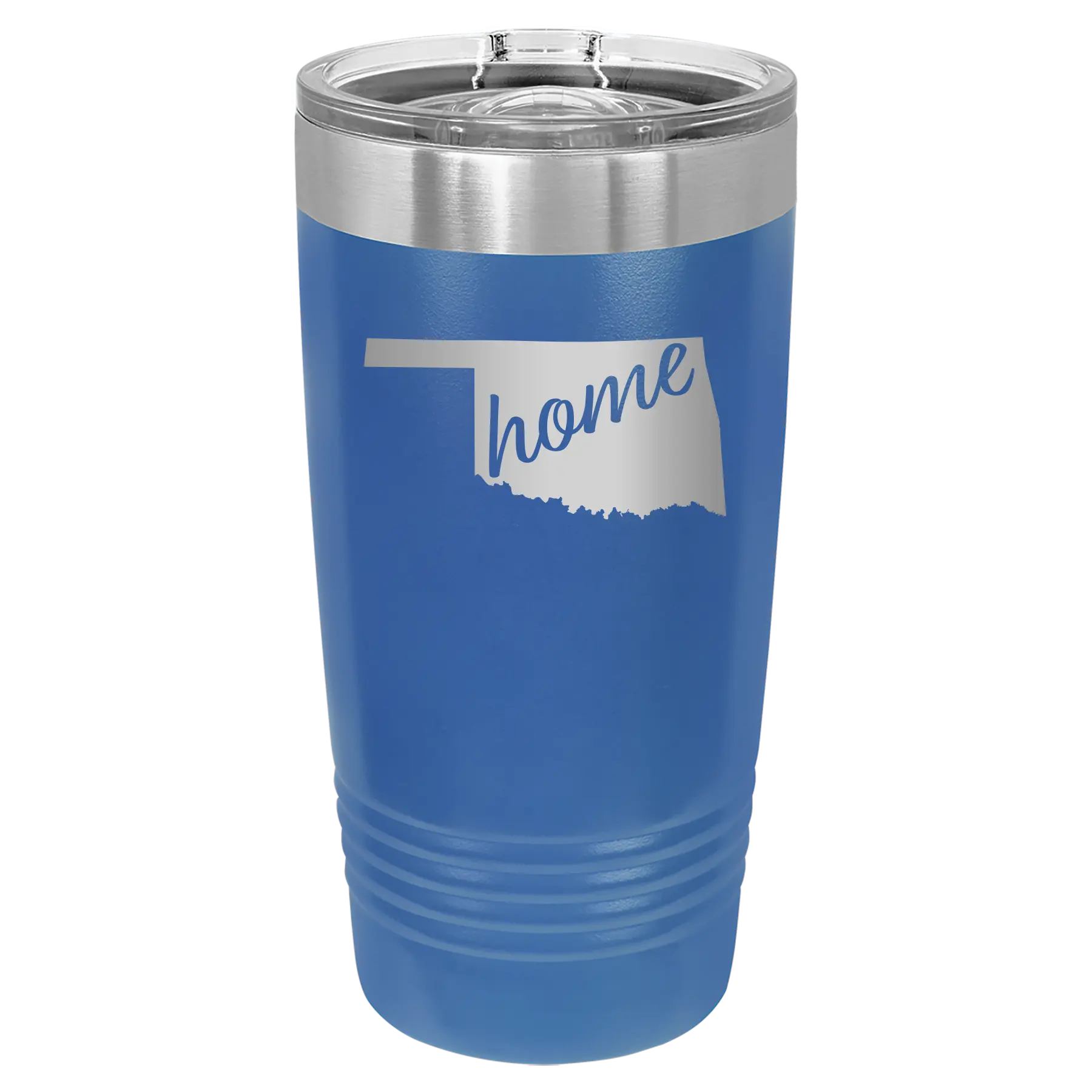 Laser etched royal blue 20 oz vacuum insulated tumbler with 'Oklahoma Home' design