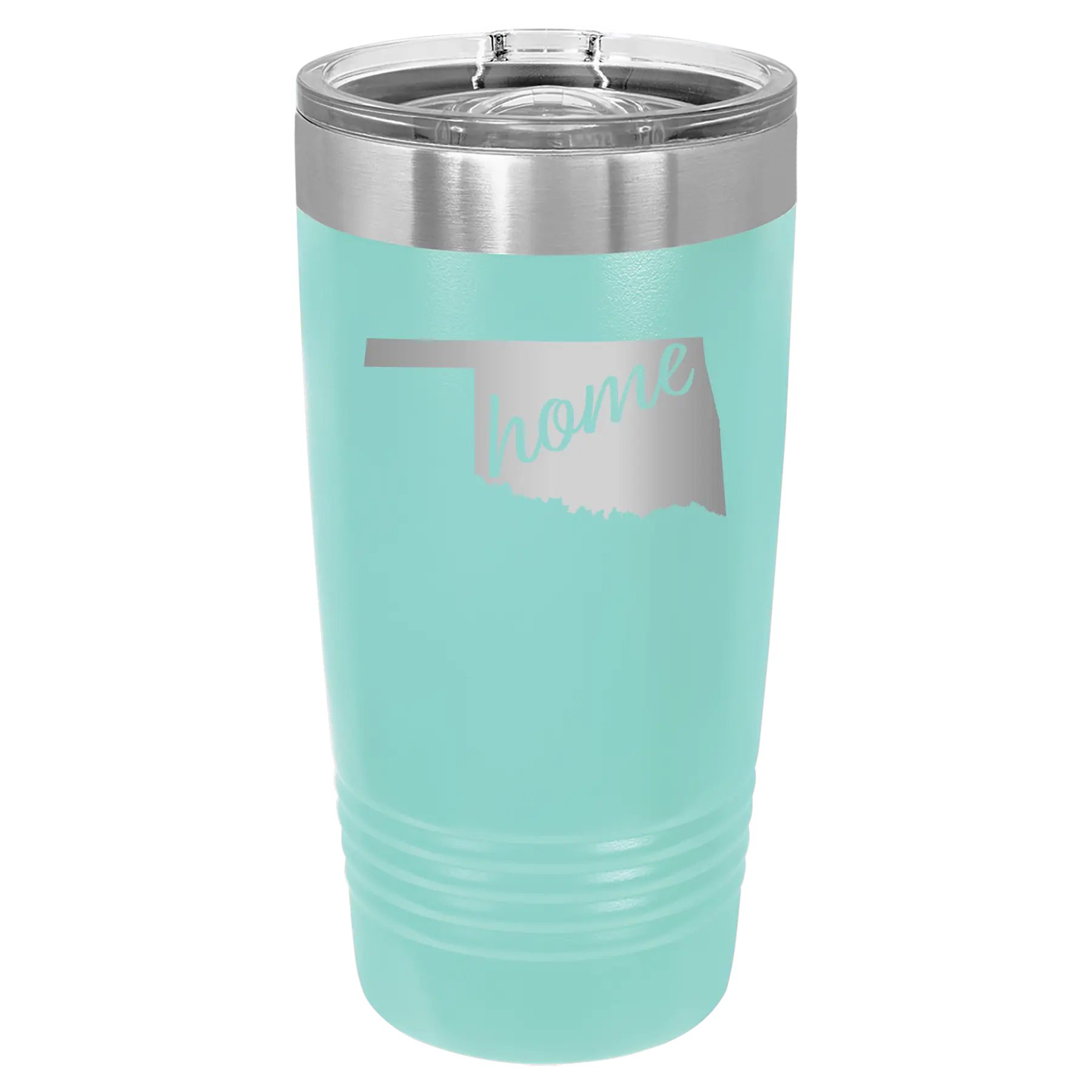 Laser etched teal 20 oz vacuum insulated tumbler with 'Oklahoma Home' design