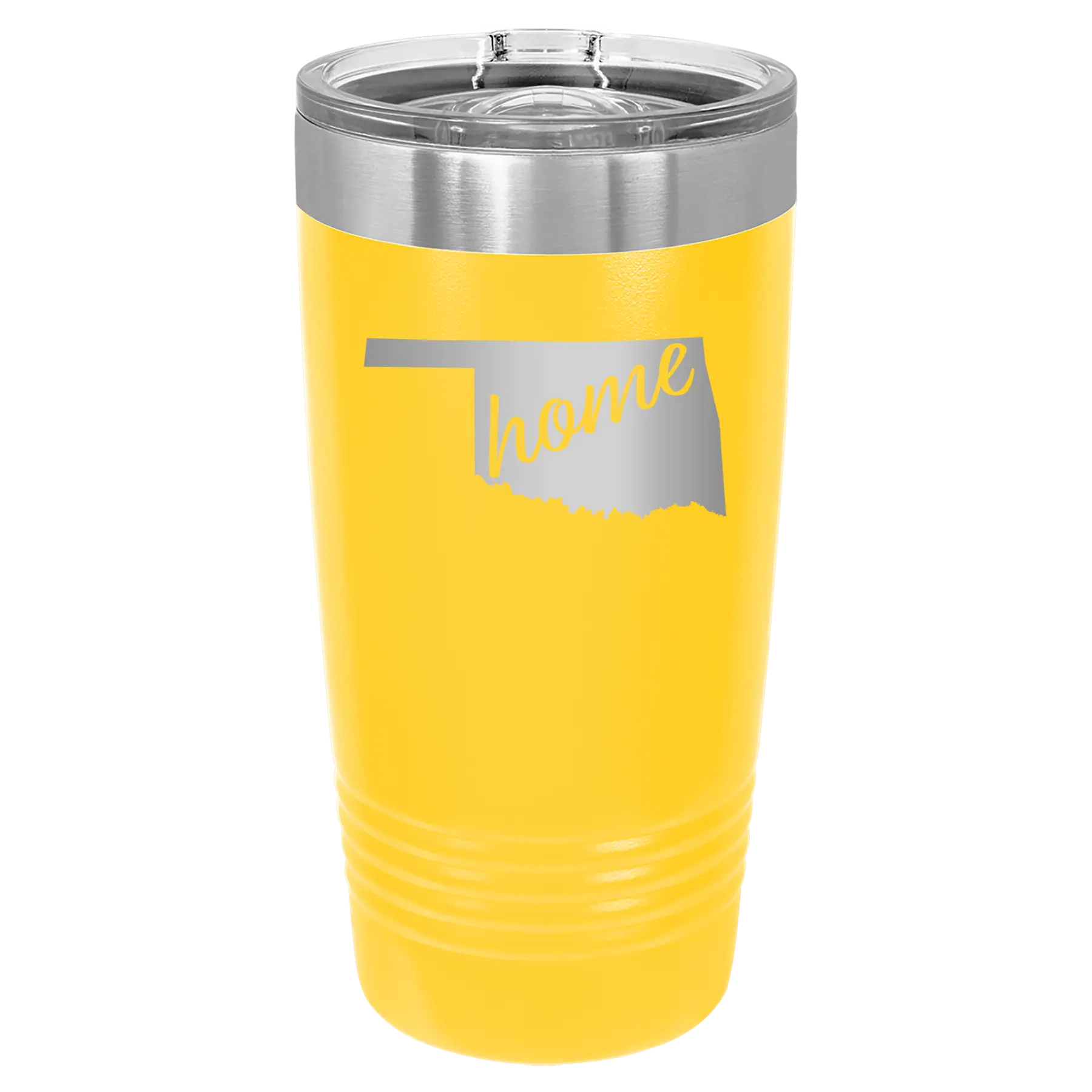 Laser etched yellow 20 oz vacuum insulated tumbler with 'Oklahoma Home' design
