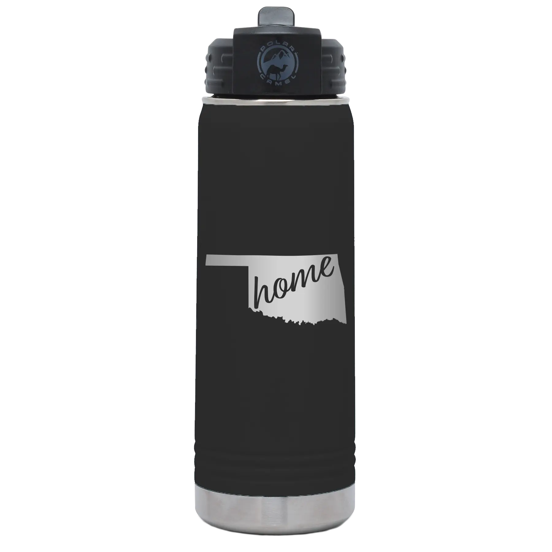Laser etched black 20 oz vacuum insulated water bottle with 'Oklahoma Home' design