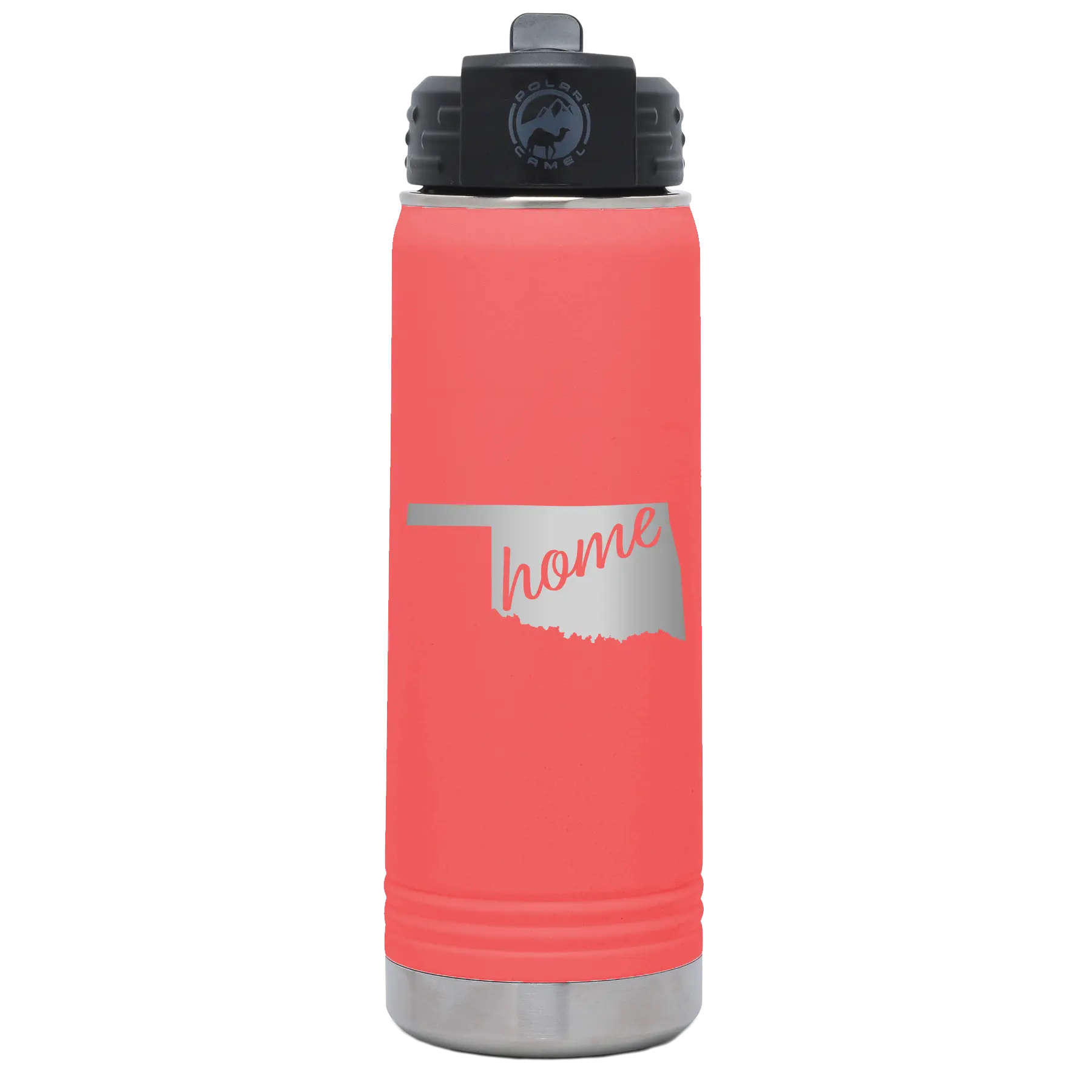 Laser etched coral 20 oz vacuum insulated water bottle with 'Oklahoma Home' design