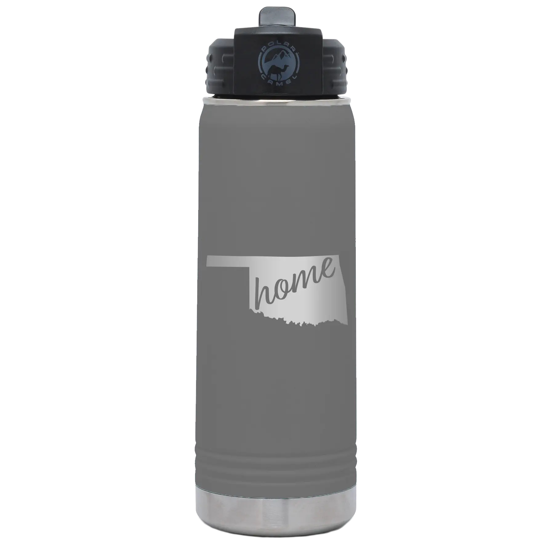 Laser etched dark gray 20 oz vacuum insulated water bottle with 'Oklahoma Home' design