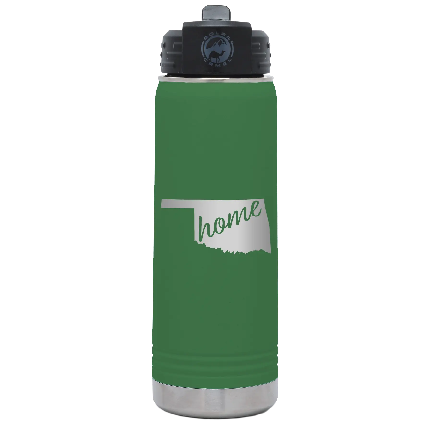 Laser etched green 20 oz vacuum insulated water bottle with 'Oklahoma Home' design
