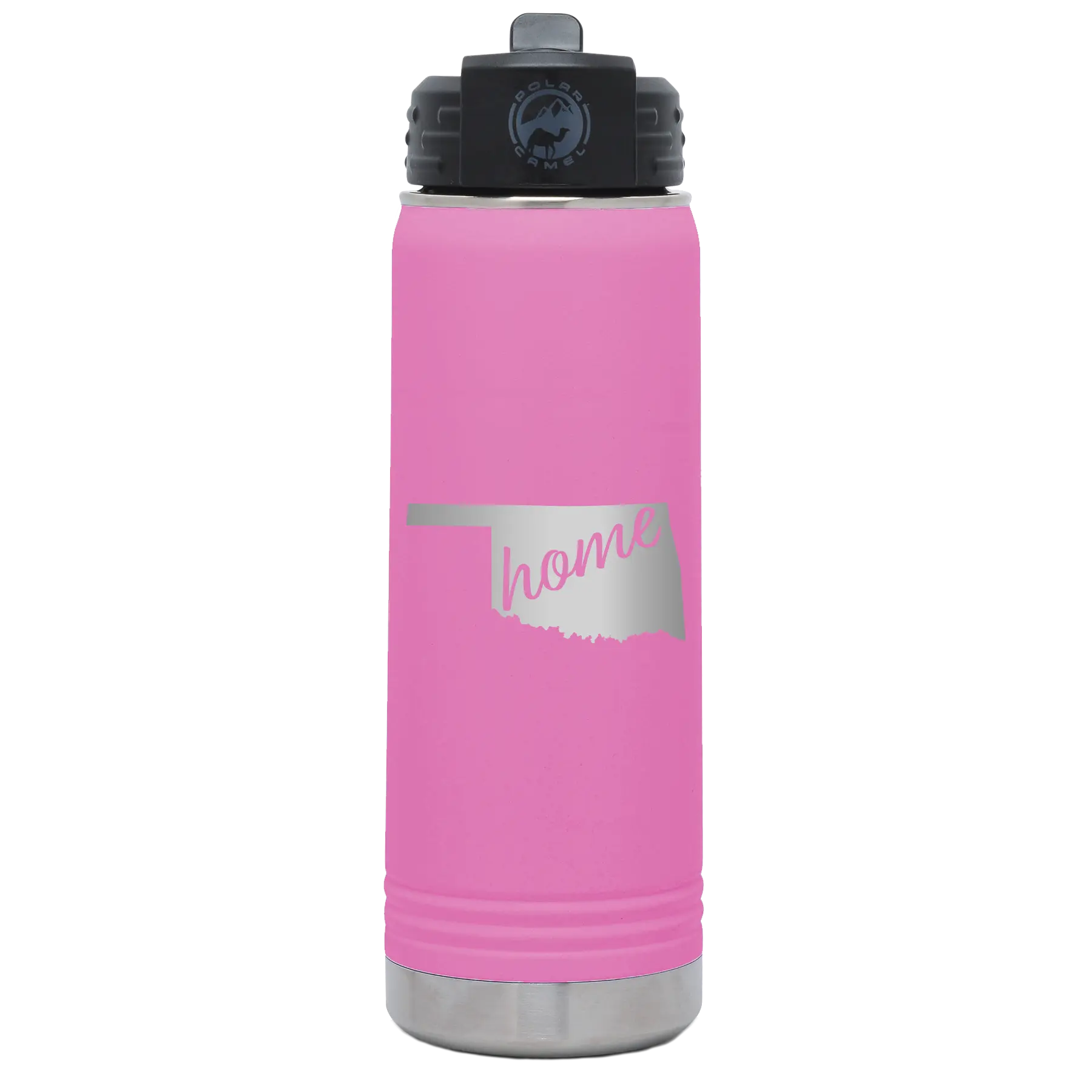 Laser etched light purple 20 oz vacuum insulated water bottle with 'Oklahoma Home' design