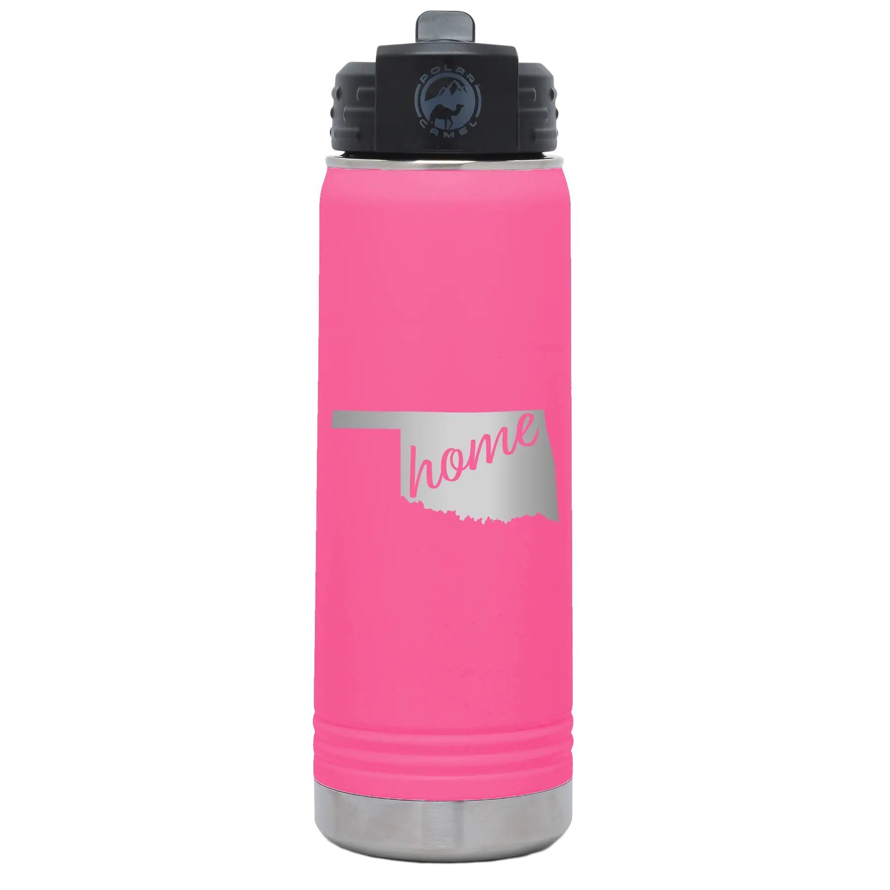 Laser etched pink 20 oz vacuum insulated water bottle with 'Oklahoma Home' design