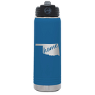 Laser etched royal blue 20 oz vacuum insulated water bottle with 'Oklahoma Home' design