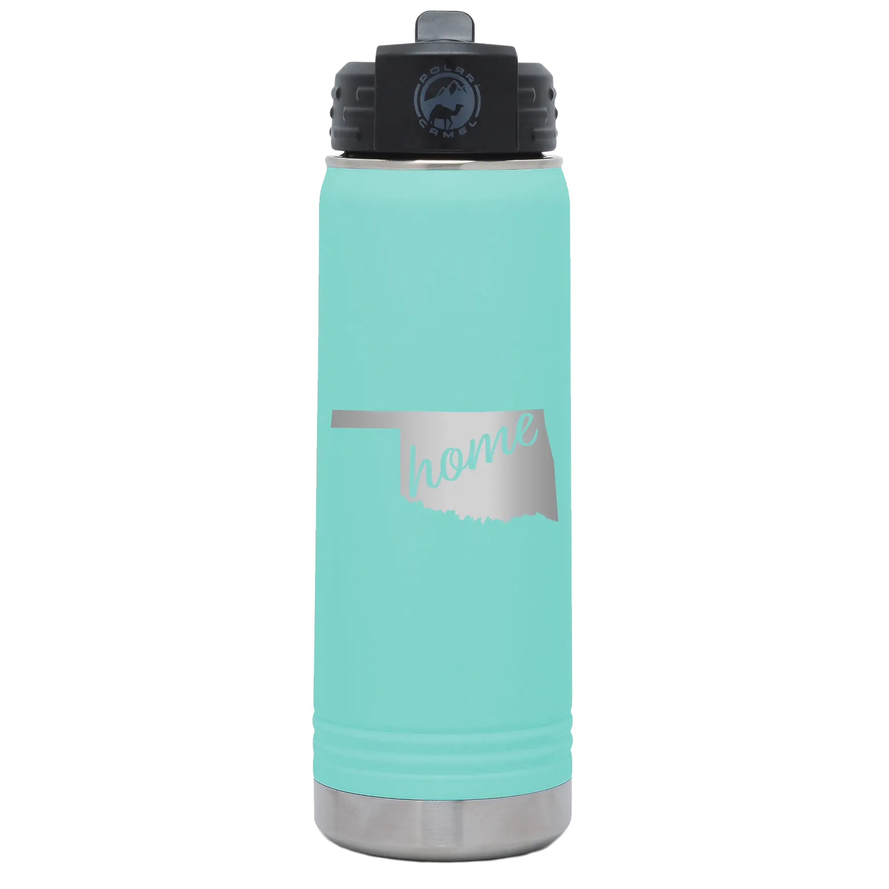 Laser etched teal 20 oz vacuum insulated water bottle with 'Oklahoma Home' design