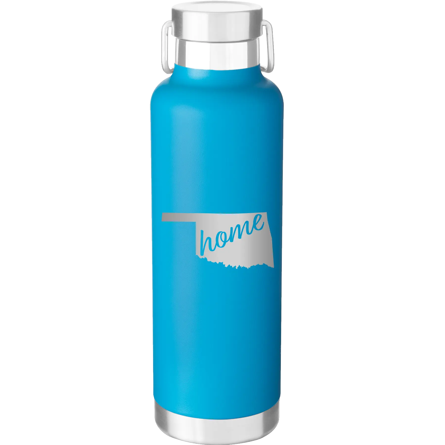 Laser etched aqua 24 oz vacuum insulated water bottle with 'Oklahoma Home' design