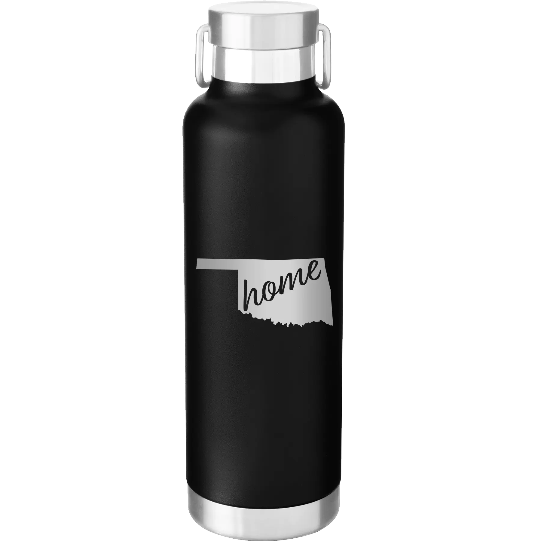 Laser etched black 24 oz vacuum insulated water bottle with 'Oklahoma Home' design