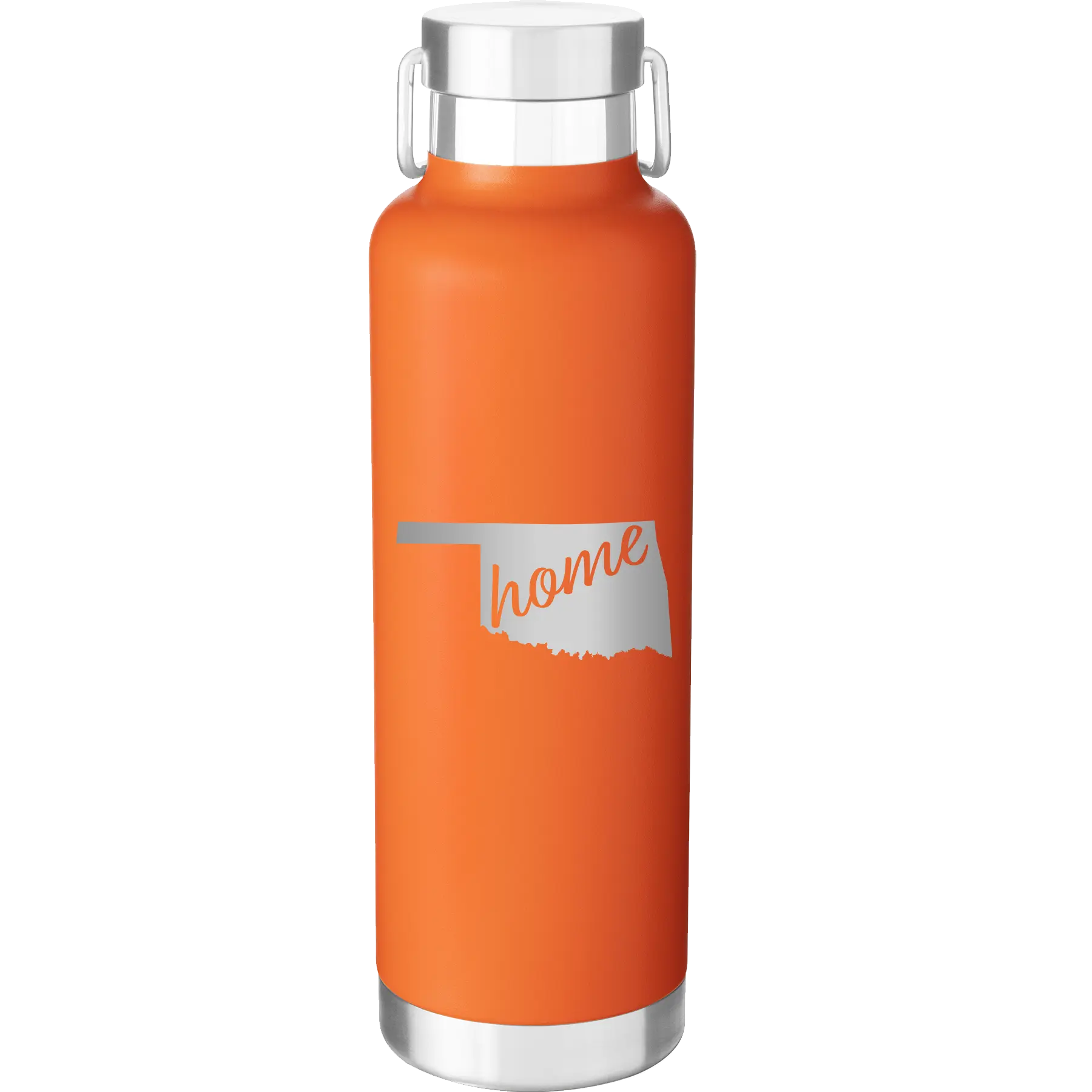 Laser etched orange 24 oz vacuum insulated water bottle with 'Oklahoma Home' design