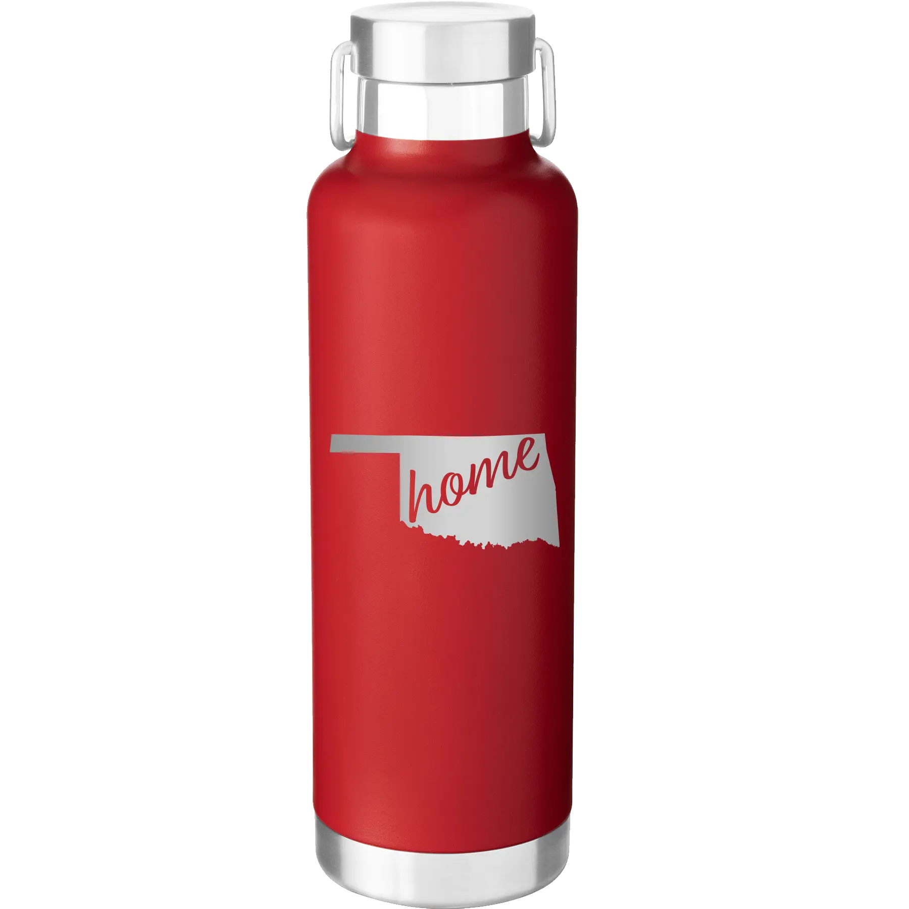 Laser etched red 24 oz vacuum insulated water bottle with 'Oklahoma Home' design