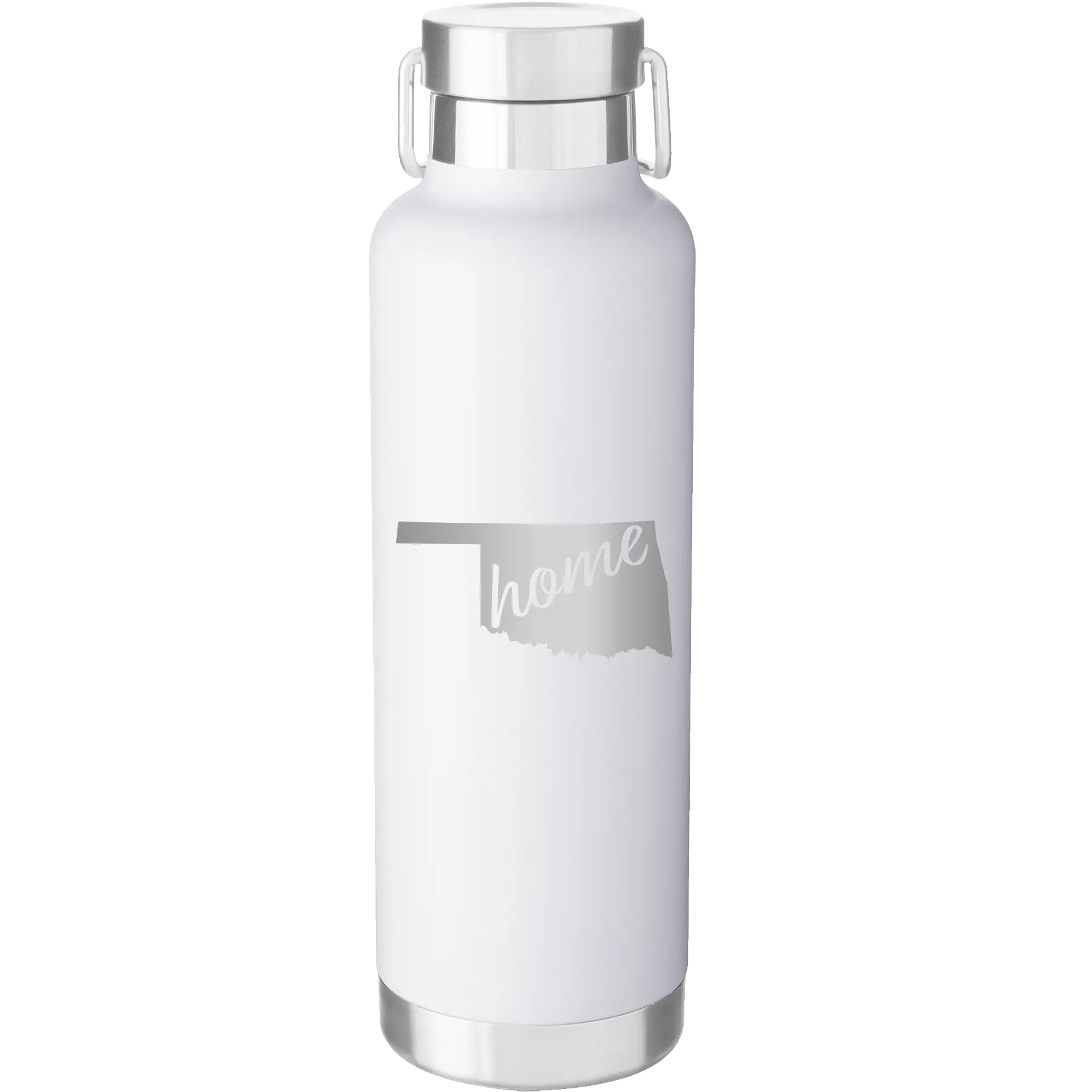Laser etched white 24 oz vacuum insulated water bottle with 'Oklahoma Home' design