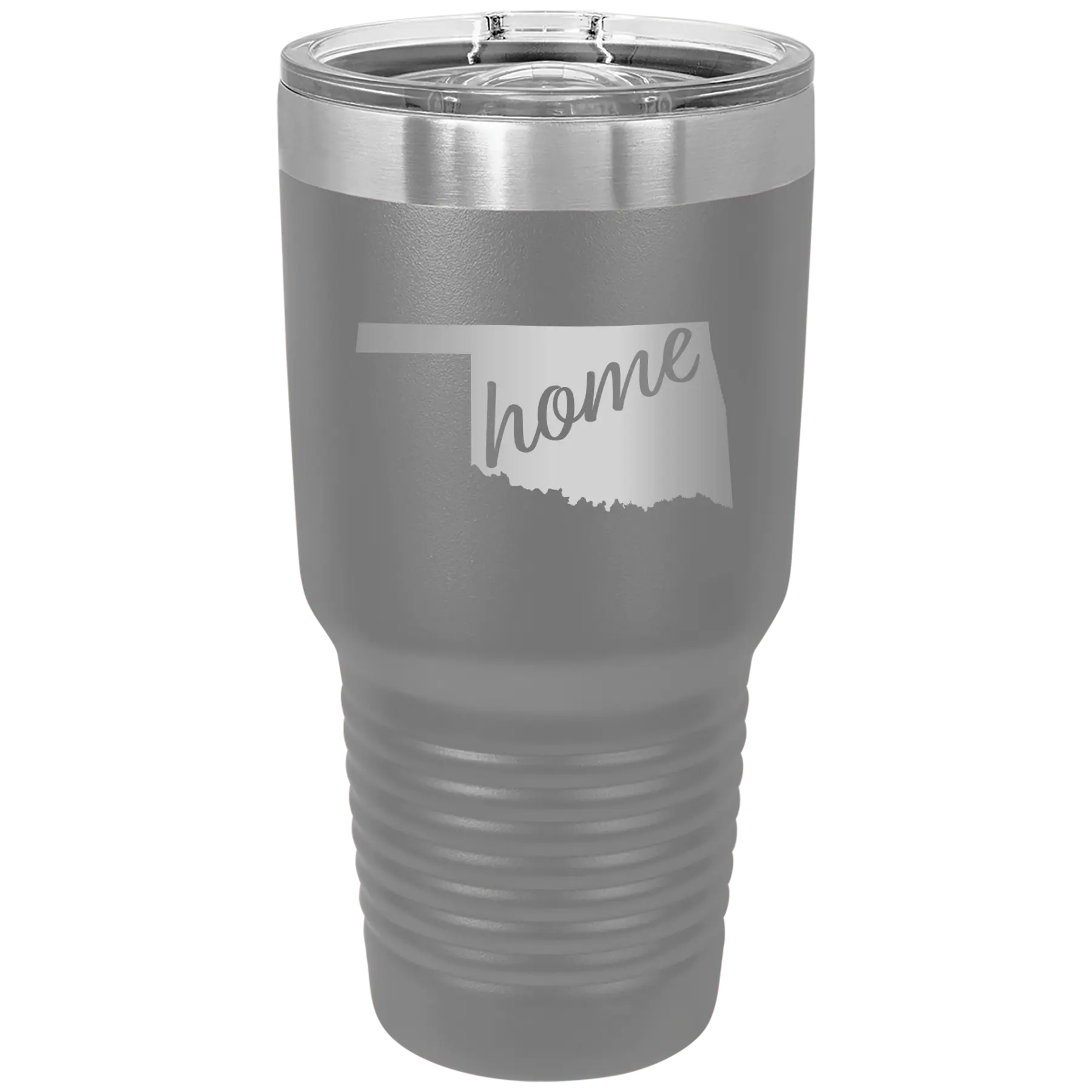 Laser etched dark gray 30 oz vacuum insulated tumbler with 'Oklahoma Home' design