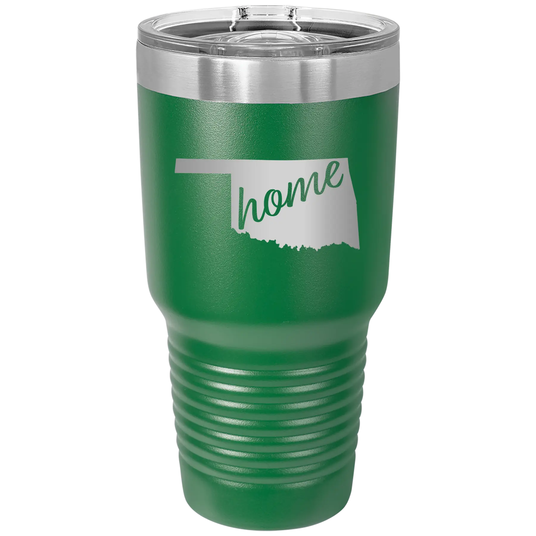 Laser etched green 30 oz vacuum insulated tumbler with 'Oklahoma Home' design