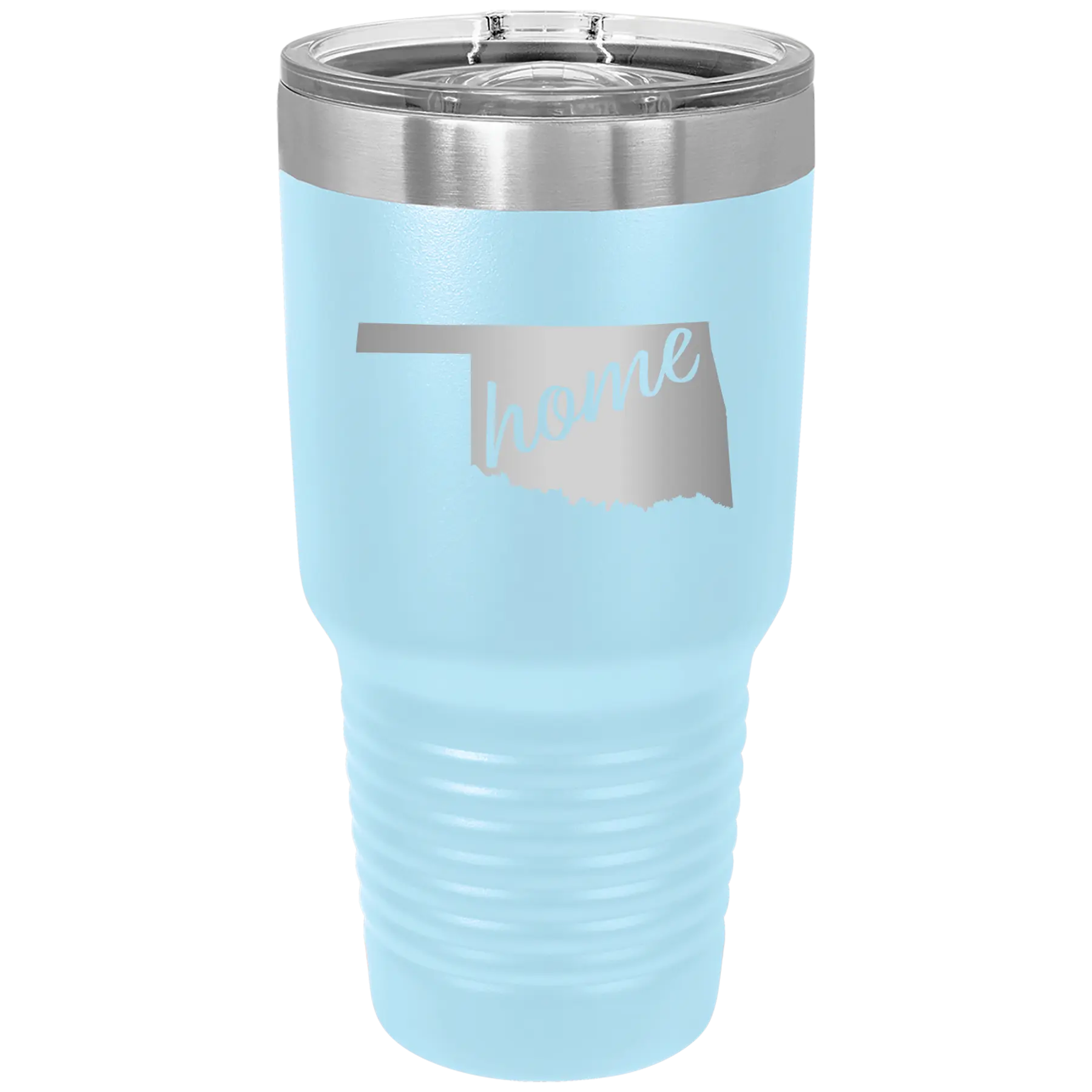 Laser etched light blue 30 oz vacuum insulated tumbler with 'Oklahoma Home' design