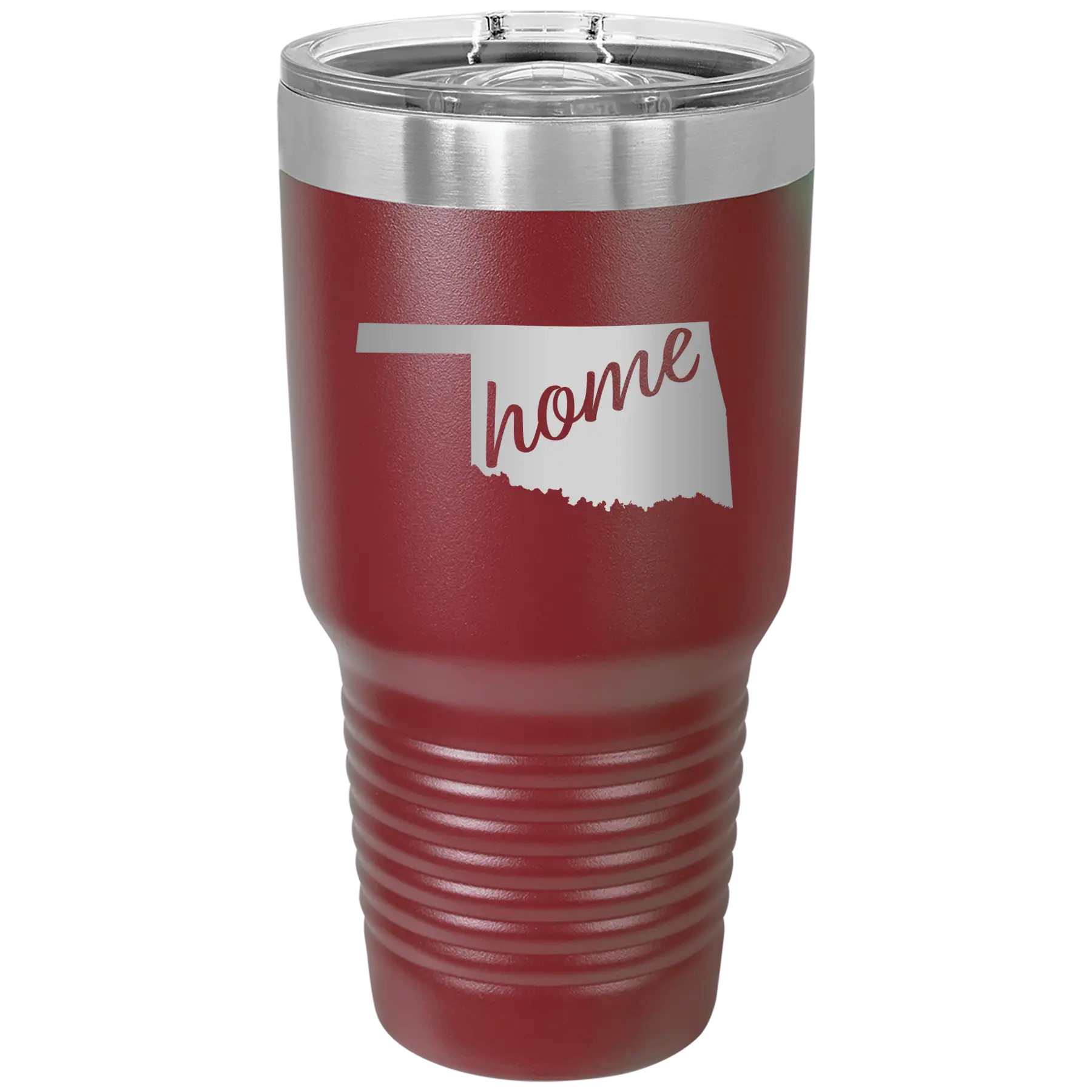 Laser etched maroon 30 oz vacuum insulated tumbler with 'Oklahoma Home' design