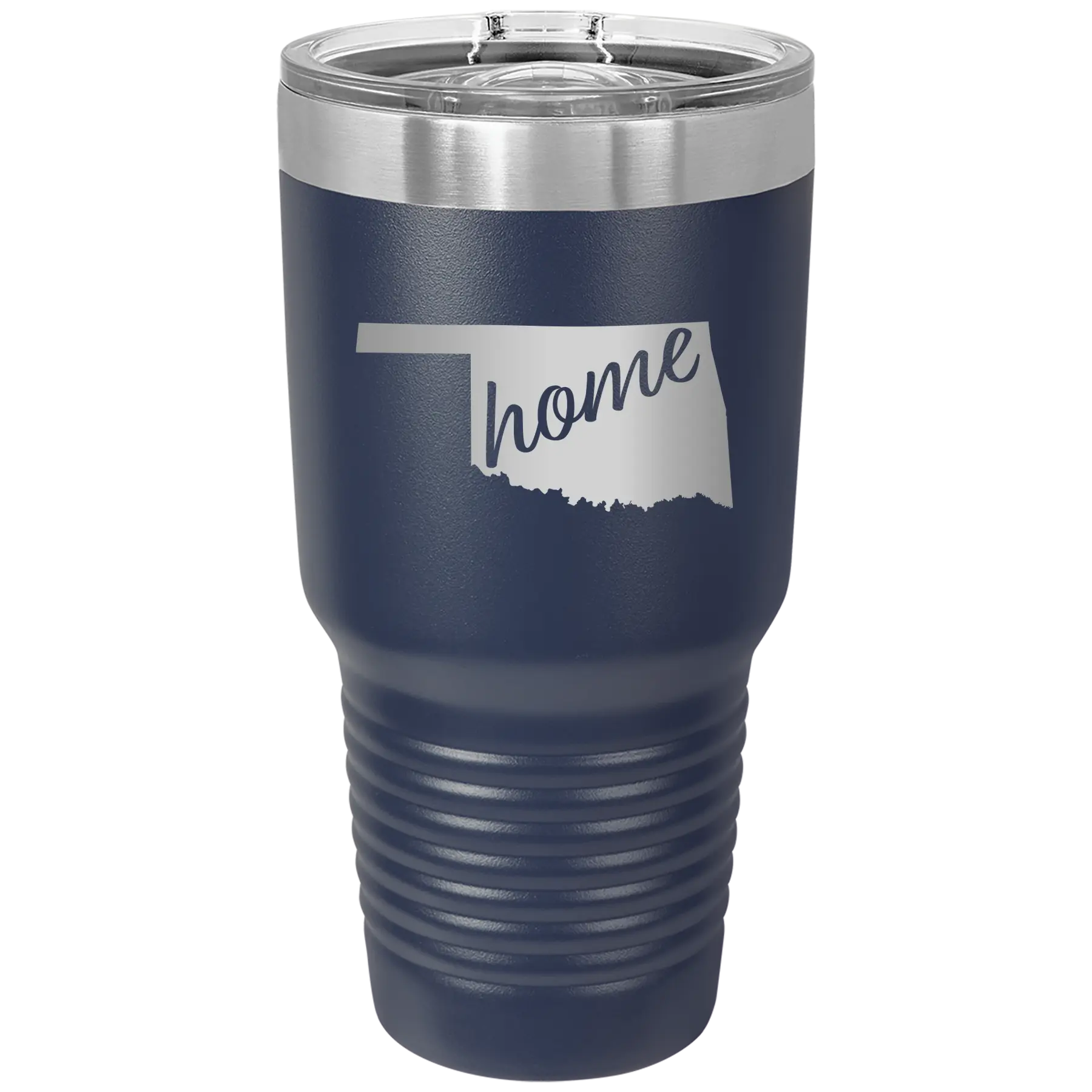 Laser etched navy 30 oz vacuum insulated tumbler with 'Oklahoma Home' design