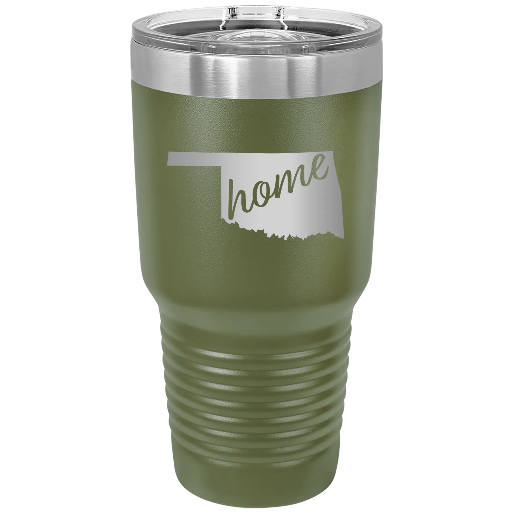 Laser etched olive green 30 oz vacuum insulated tumbler with 'Oklahoma Home' design