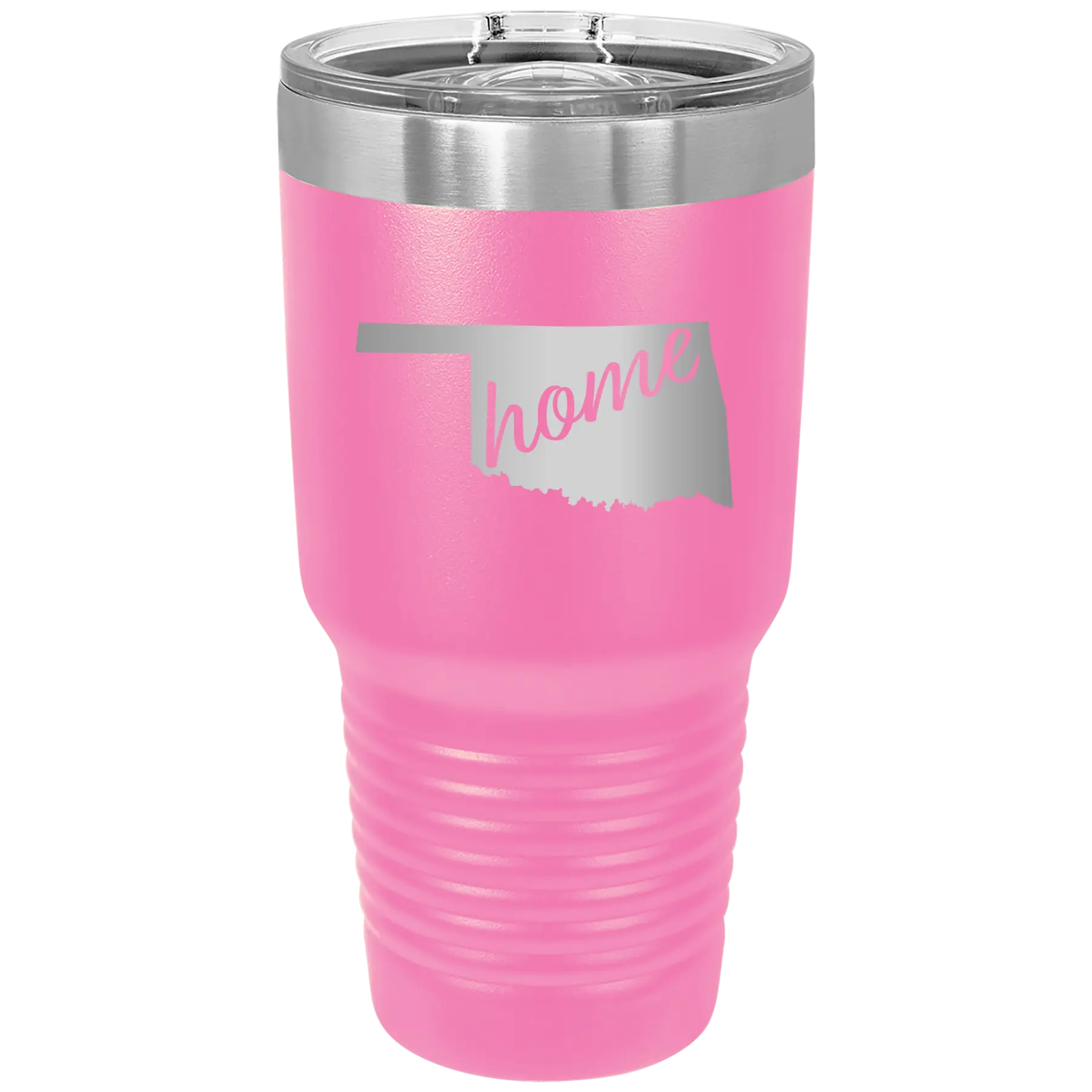 Laser etched pink 30 oz vacuum insulated tumbler with 'Oklahoma Home' design