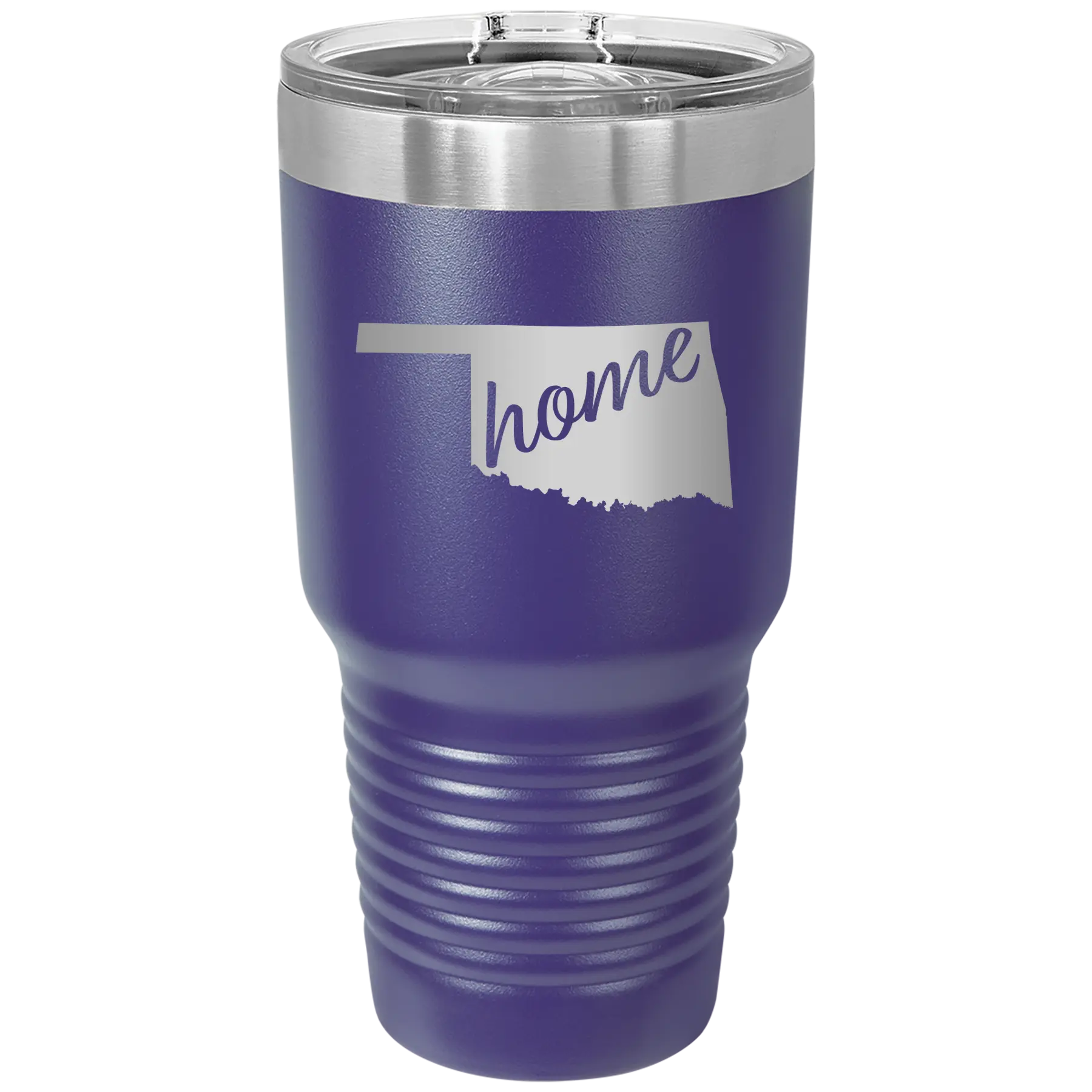 Laser etched purple 30 oz vacuum insulated tumbler with 'Oklahoma Home' design