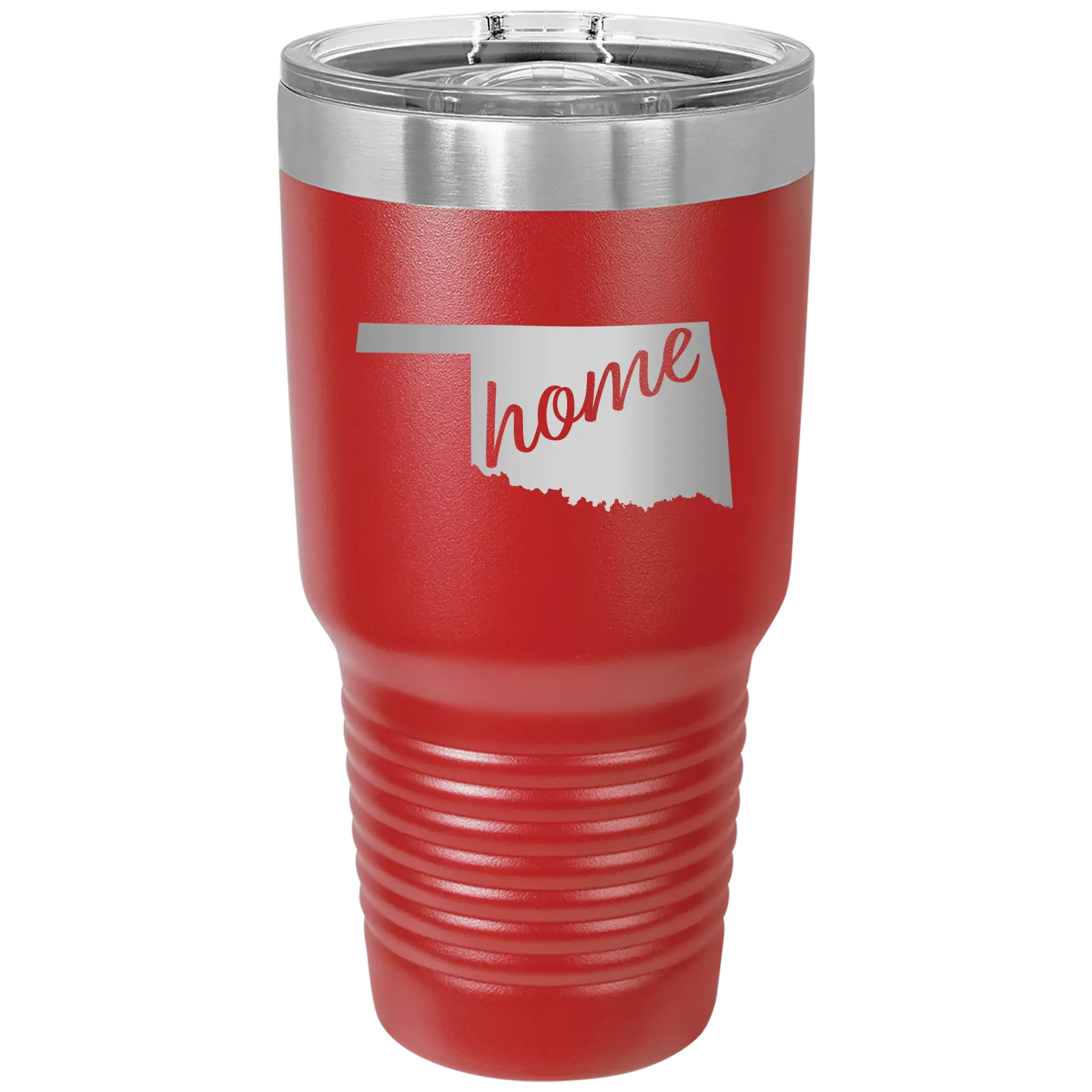 Laser etched red 30 oz vacuum insulated tumbler with 'Oklahoma Home' design