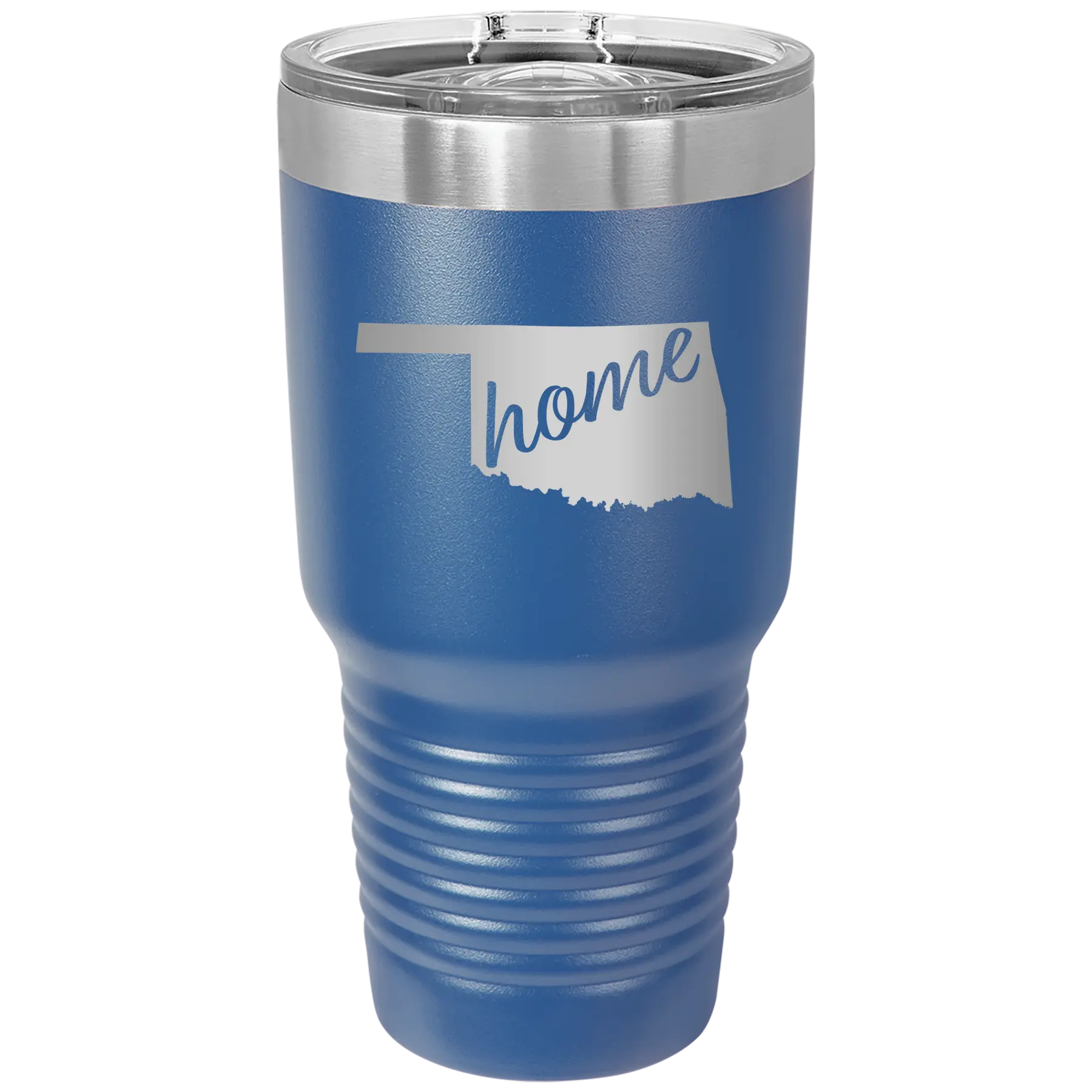 Laser etched royal blue 30 oz vacuum insulated tumbler with 'Oklahoma Home' design