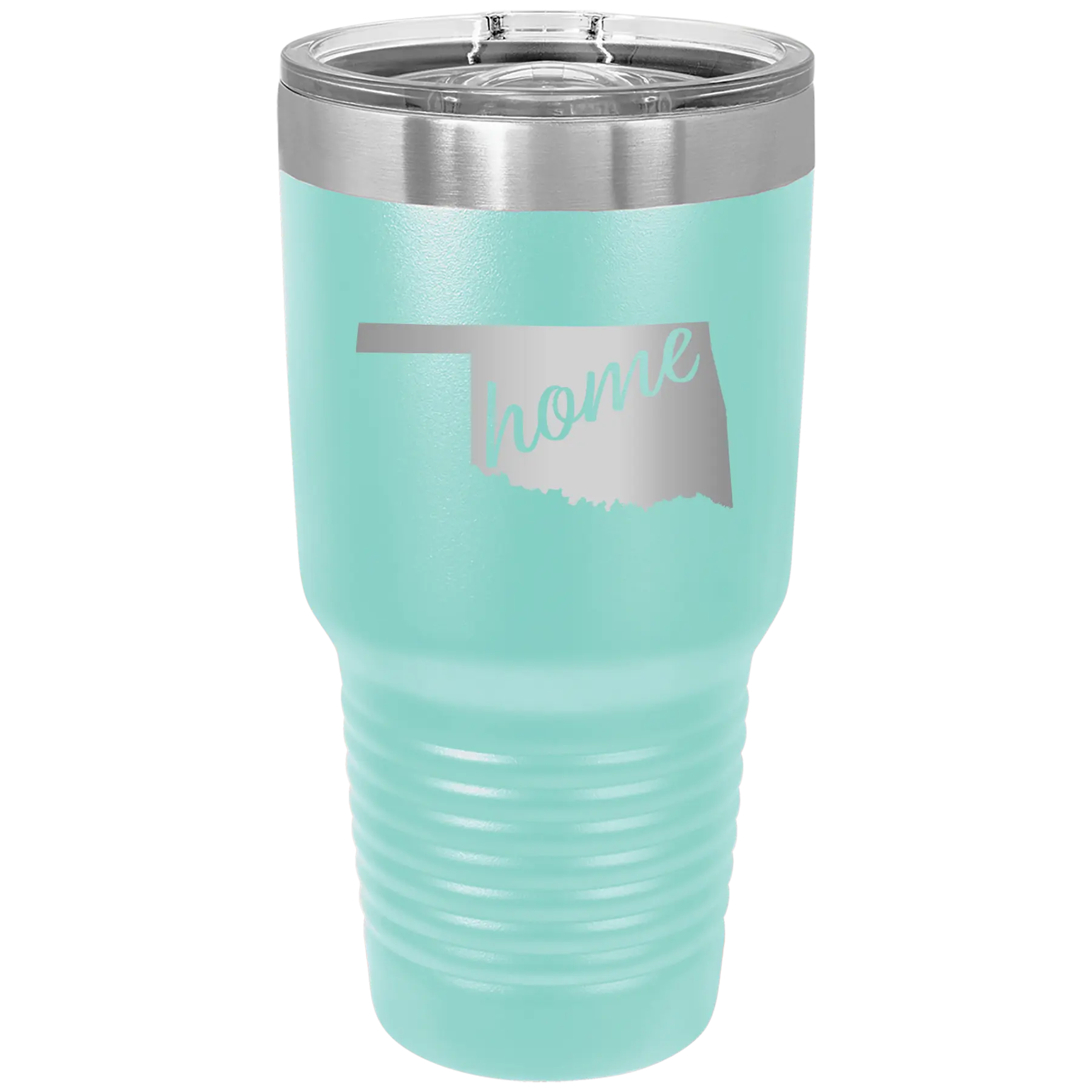 Laser etched teal 30 oz vacuum insulated tumbler with 'Oklahoma Home' design