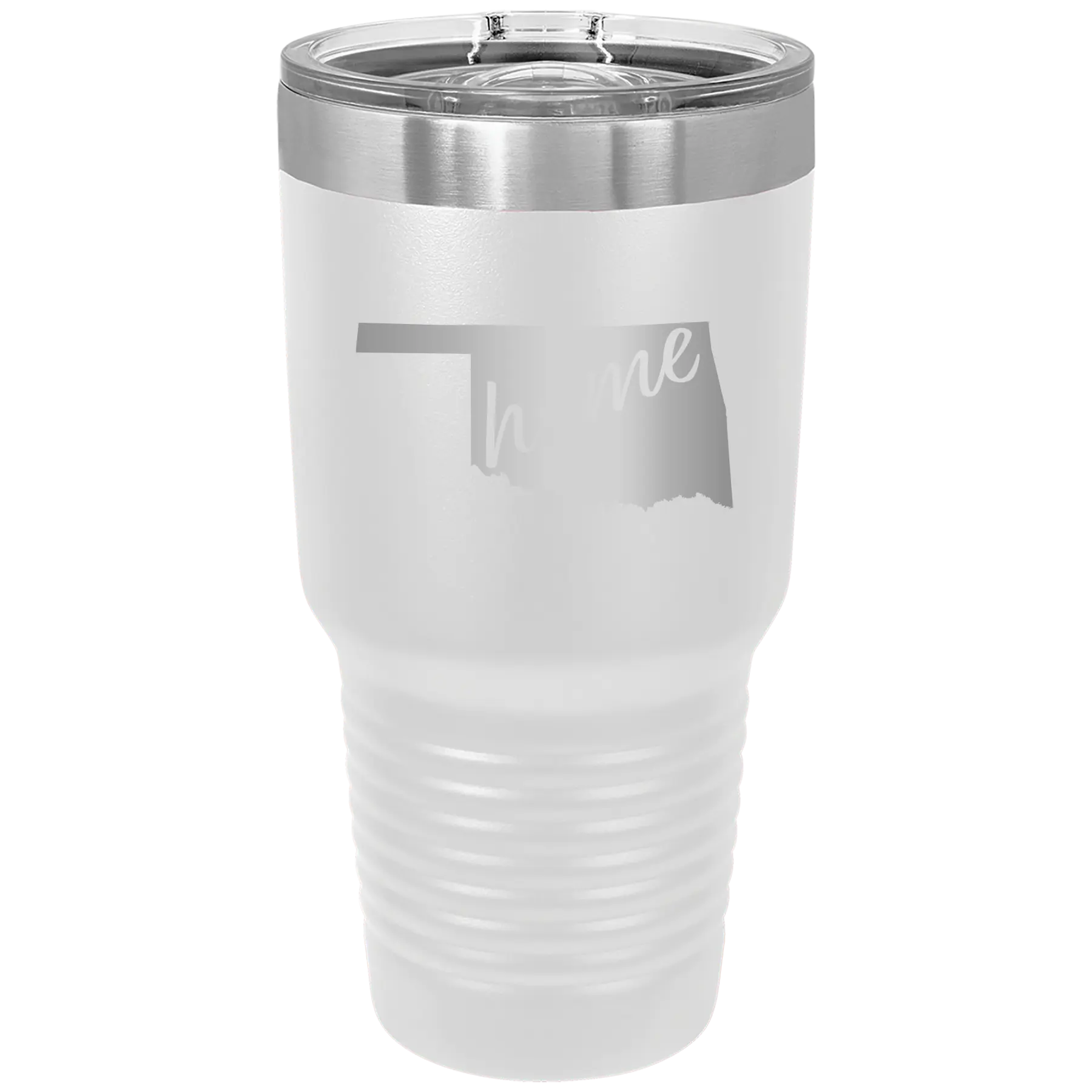 Laser etched white 30 oz vacuum insulated tumbler with 'Oklahoma Home' design