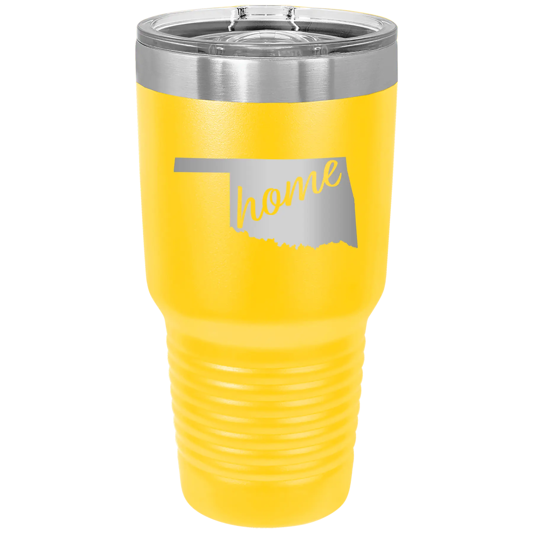 Laser etched yellow 30 oz vacuum insulated tumbler with 'Oklahoma Home' design