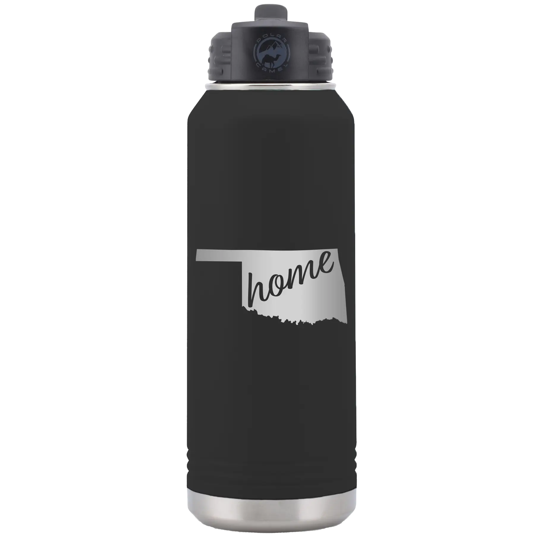 Laser etched black 32 oz vacuum insulated water bottle with 'Oklahoma Home' design