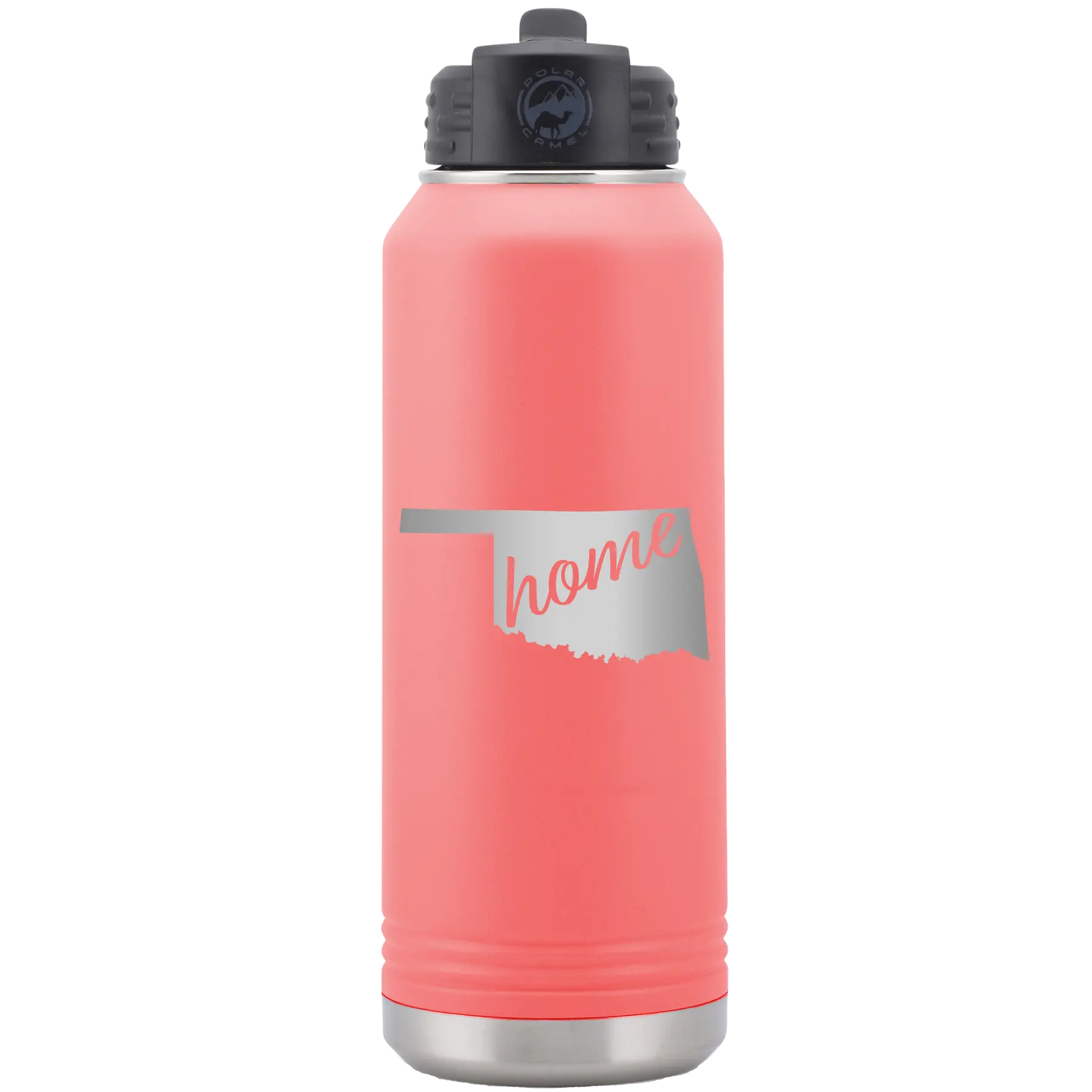Laser etched coral 32 oz vacuum insulated water bottle with 'Oklahoma Home' design