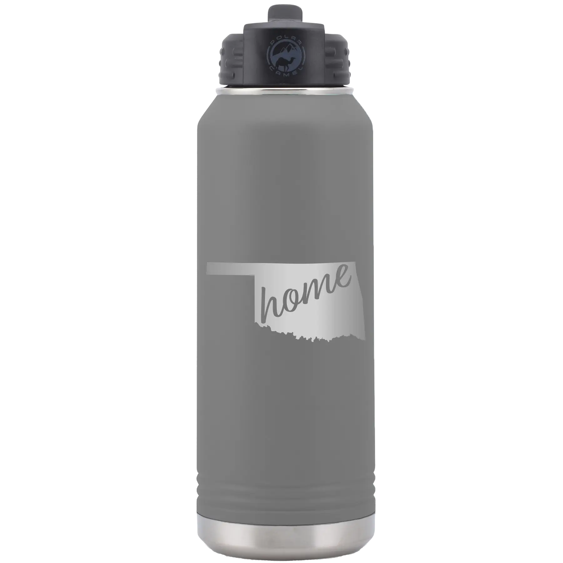 Laser etched dark gray 32 oz vacuum insulated water bottle with 'Oklahoma Home' design