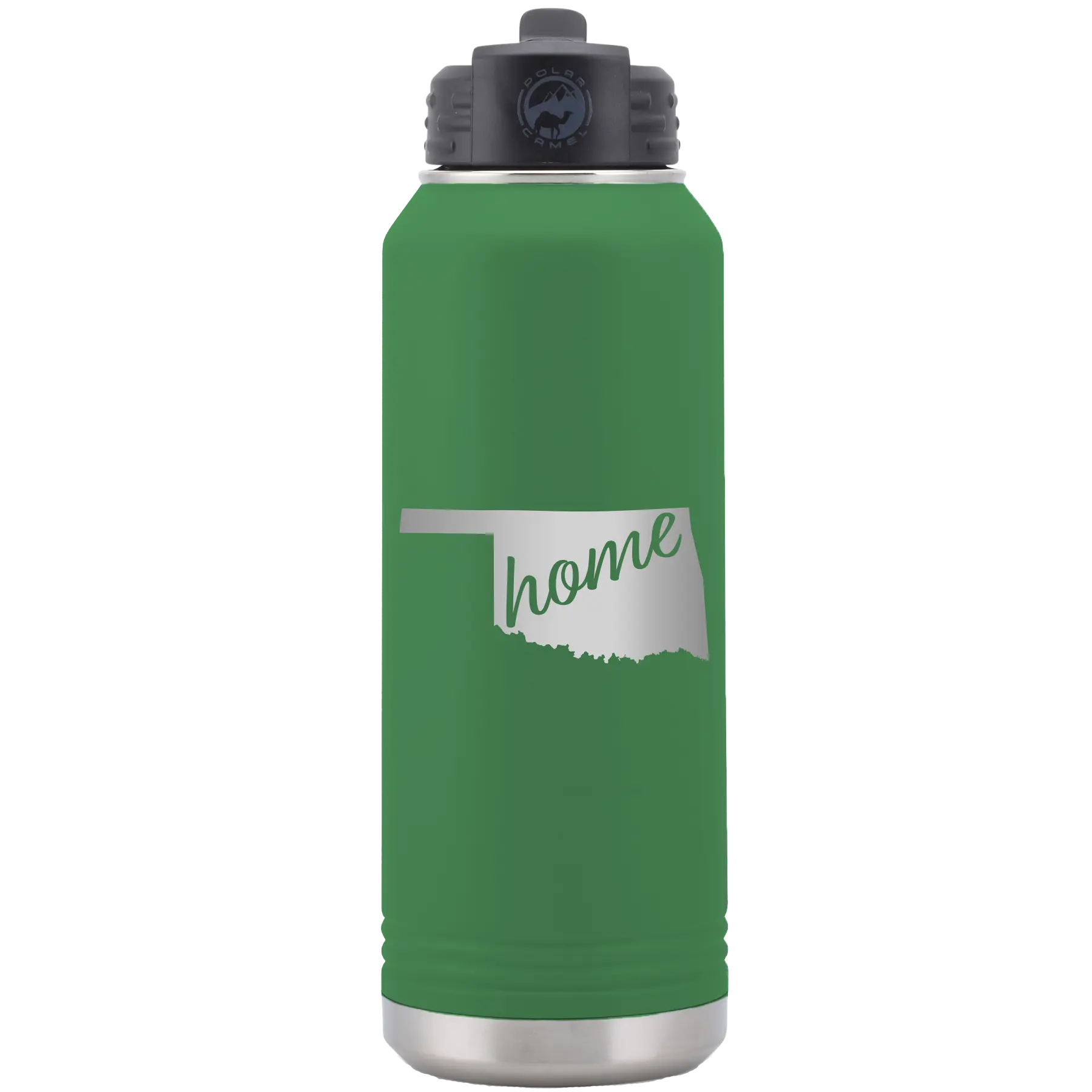 Laser etched green 32 oz vacuum insulated water bottle with 'Oklahoma Home' design