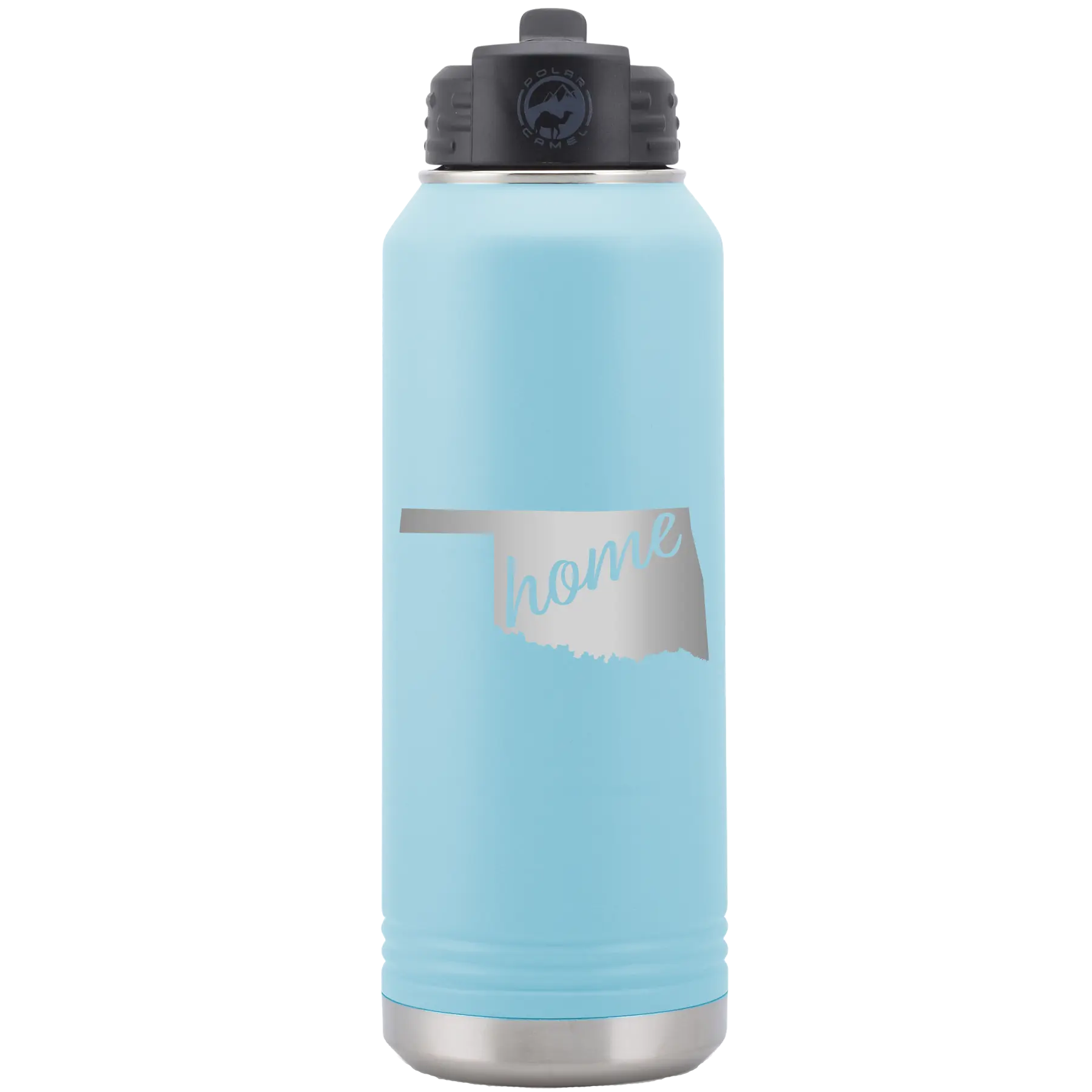 Laser etched light blue 32 oz vacuum insulated water bottle with 'Oklahoma Home' design