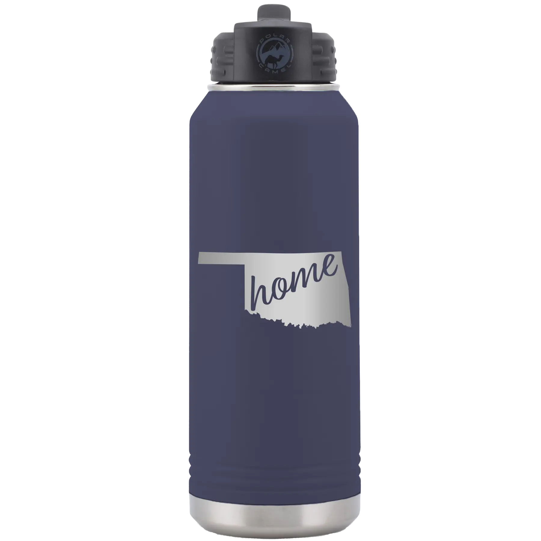 Laser etched navy 32 oz vacuum insulated water bottle with 'Oklahoma Home' design