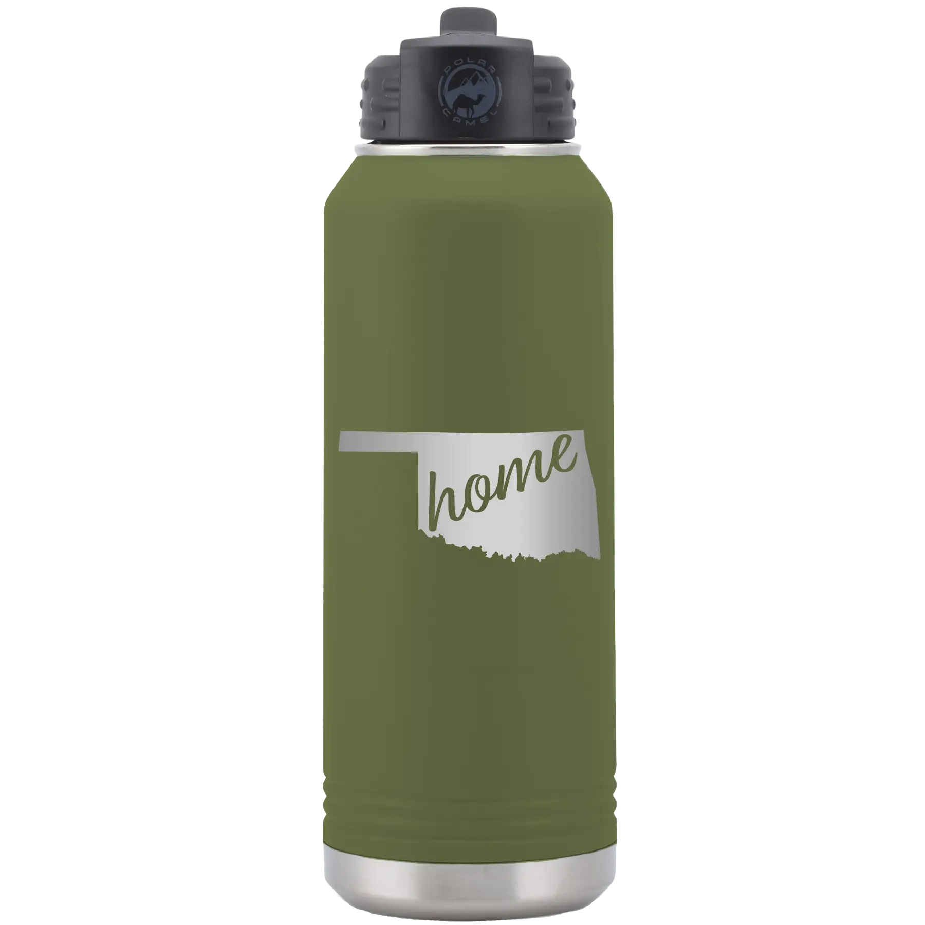 Laser etched olive green 32 oz vacuum insulated water bottle with 'Oklahoma Home' design
