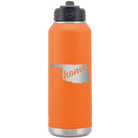Laser etched orange 32 oz vacuum insulated water bottle with 'Oklahoma Home' design