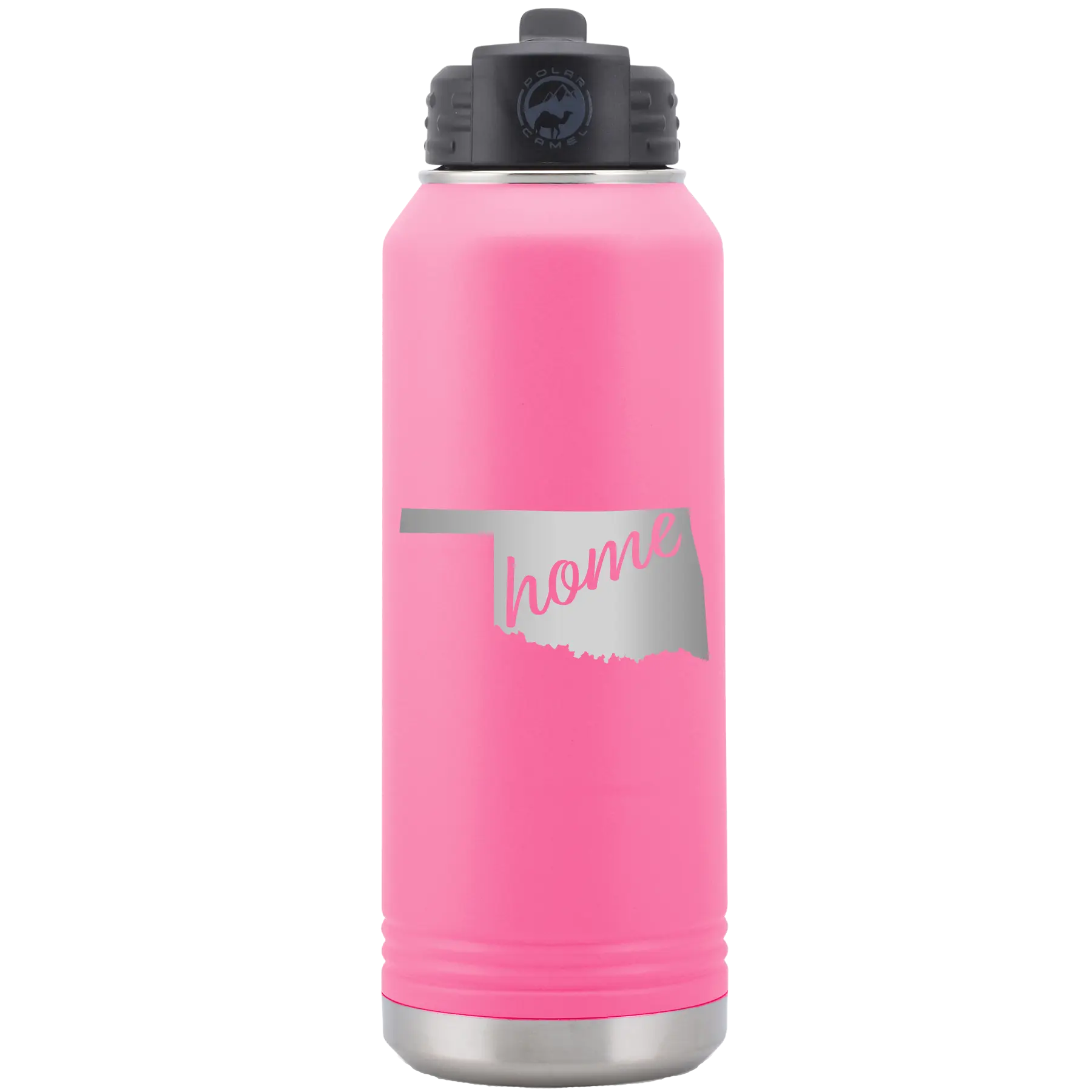Laser etched pink 32 oz vacuum insulated water bottle with 'Oklahoma Home' design