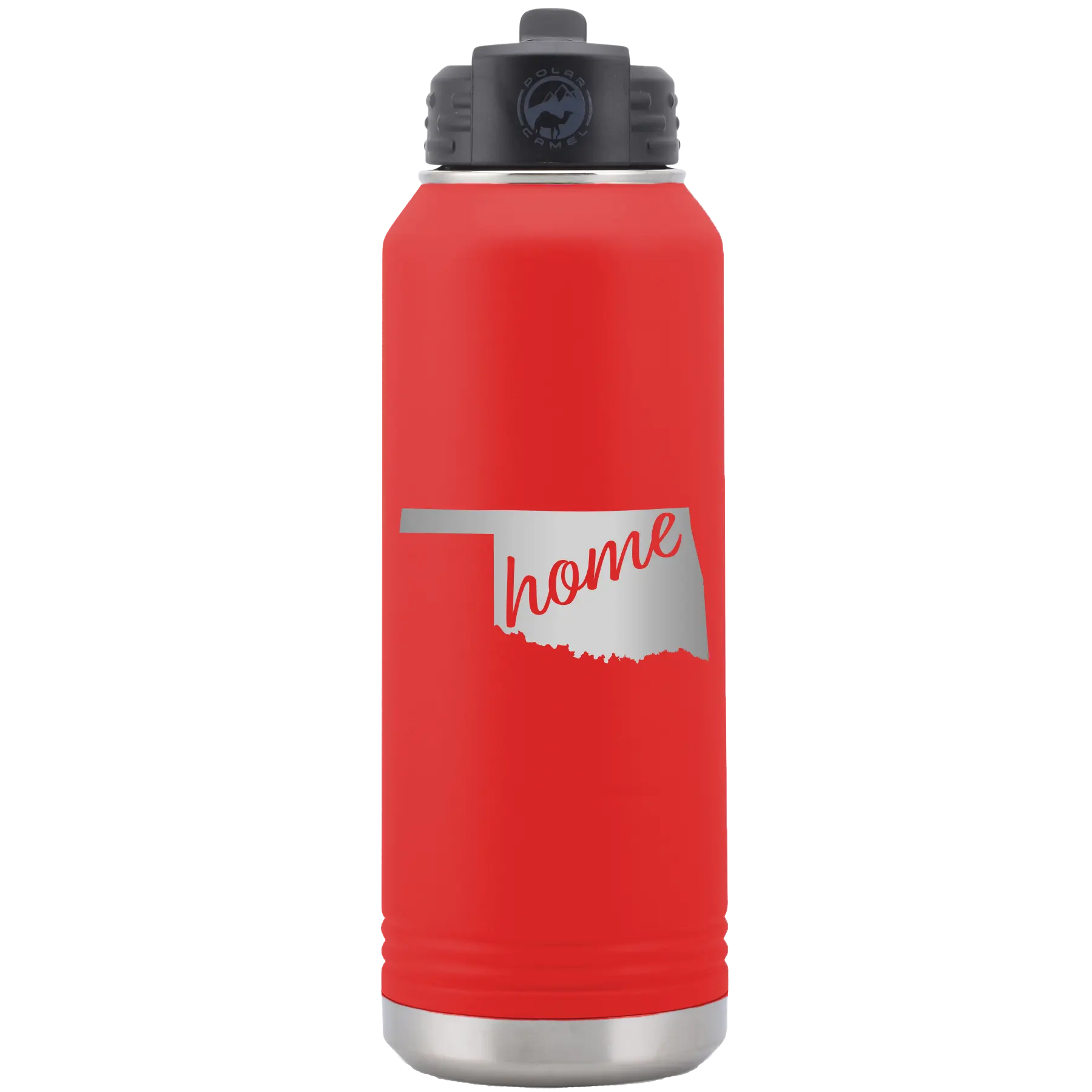 Laser etched red 32 oz vacuum insulated water bottle with 'Oklahoma Home' design
