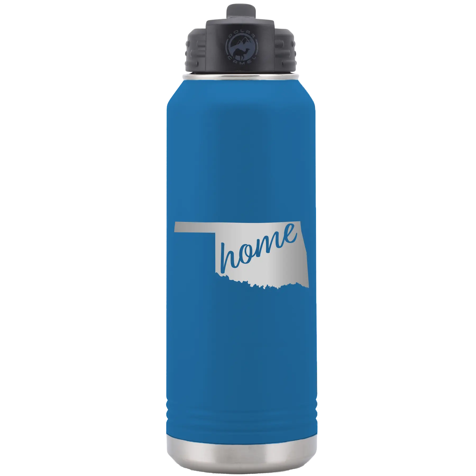 Laser etched royal blue 32 oz vacuum insulated water bottle with 'Oklahoma Home' design