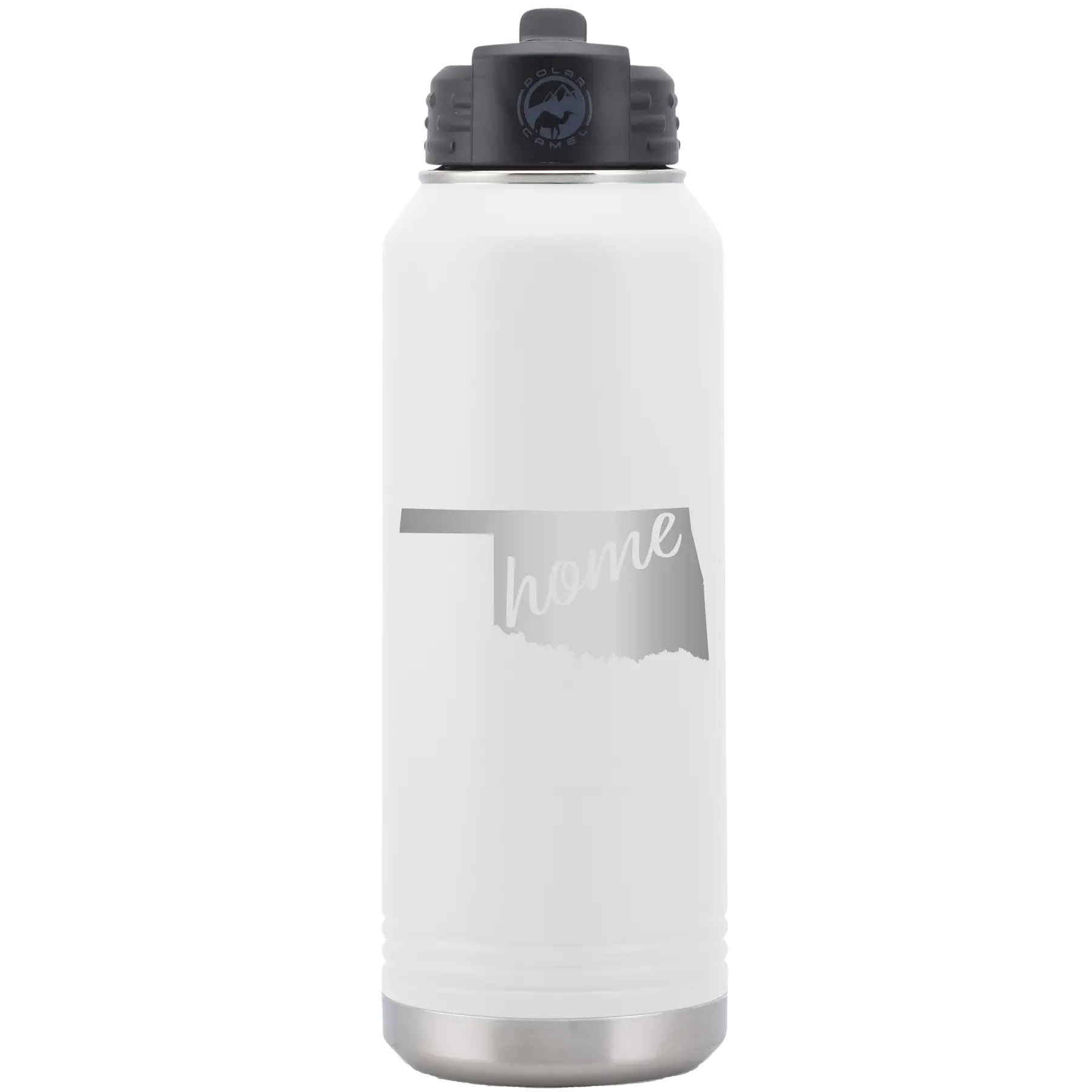 Laser etched white 32 oz vacuum insulated water bottle with 'Oklahoma Home' design