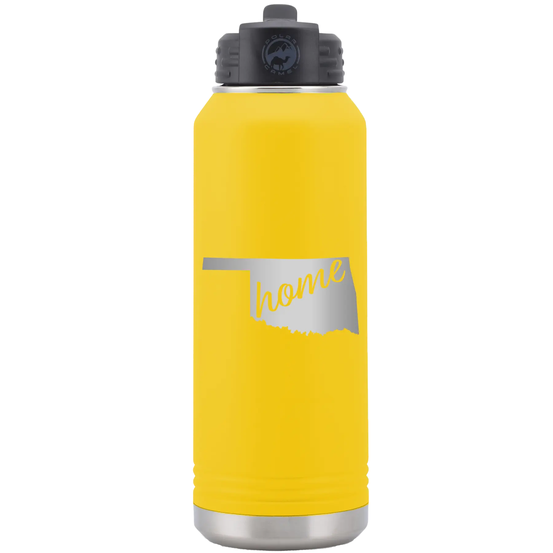 Laser etched yellow 32 oz vacuum insulated water bottle with 'Oklahoma Home' design