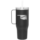 Laser etched black 40 oz vacuum insulated tumbler mug with 'Oklahoma Home' design