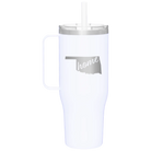 Laser etched white 40 oz vacuum insulated tumbler mug with 'Oklahoma Home' design